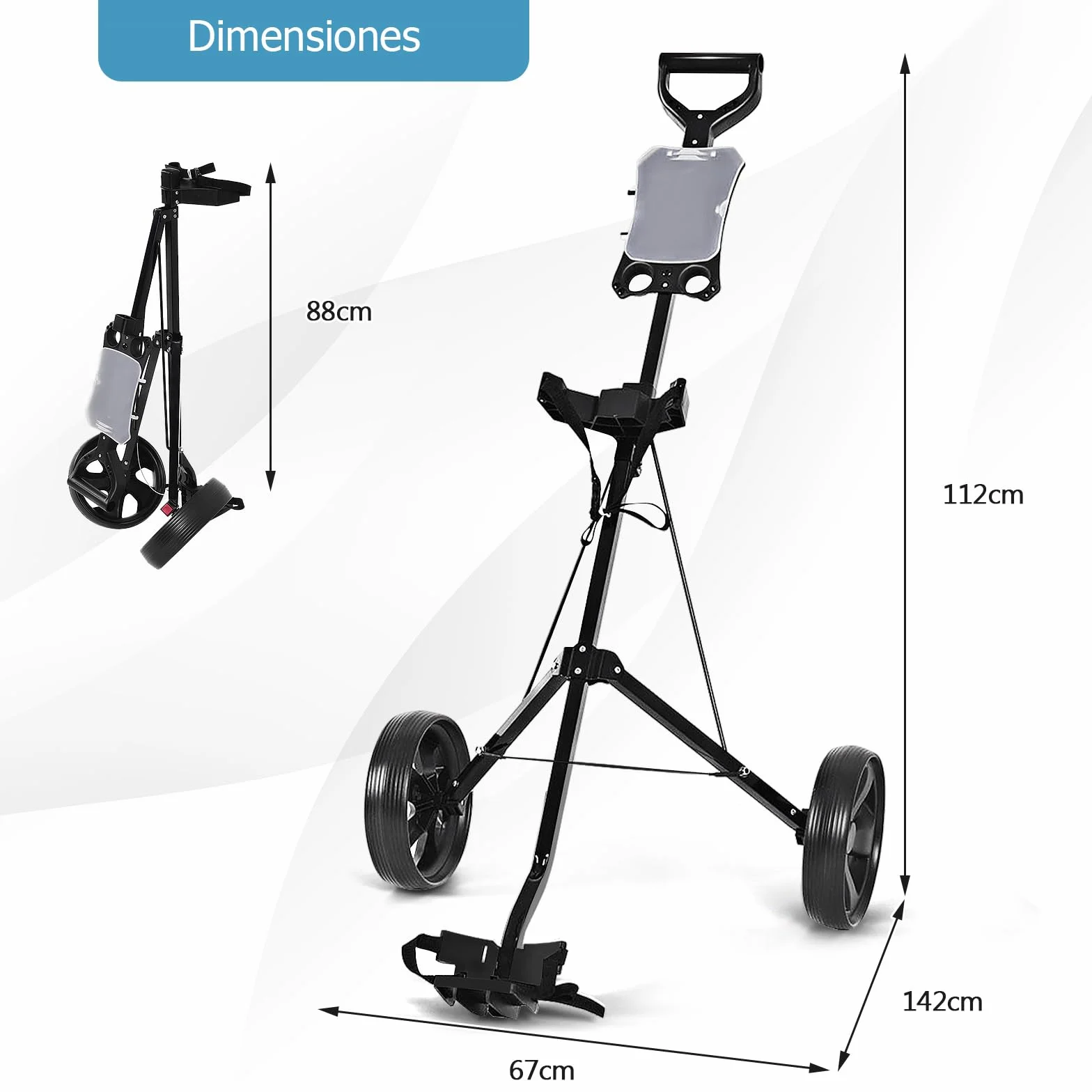 GOPLUS Carrito de Golf Plegable con 2 Ruedas, 67 x 142 x 112 cm