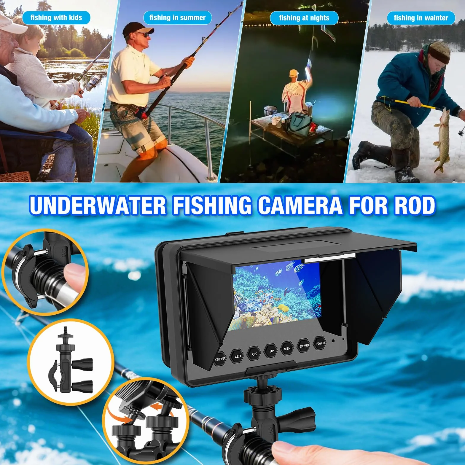 Fishfinder con Pantalla IPS de 4,3” Cámara de Pesca Submarina con Visión Nocturna, Localizador de Peces IP68 Impermeable, Batería 8500mAh, Portátil 1200TVL HD para Pesca en Hielo, Lago y Mar