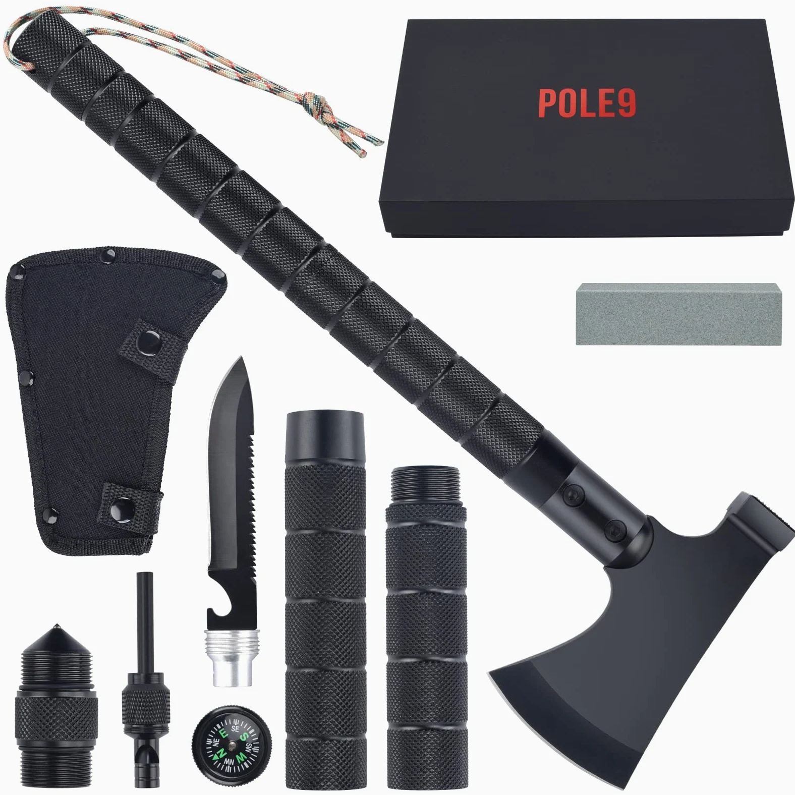 Topór survivalowy 11 w 1 Multitool Topór - Topór zewnętrzny z 11 funkcjami: topór, krzemień, nóż, osełka, piła, młotek i Wiele więcej - Idealne narzędzie survivalowe