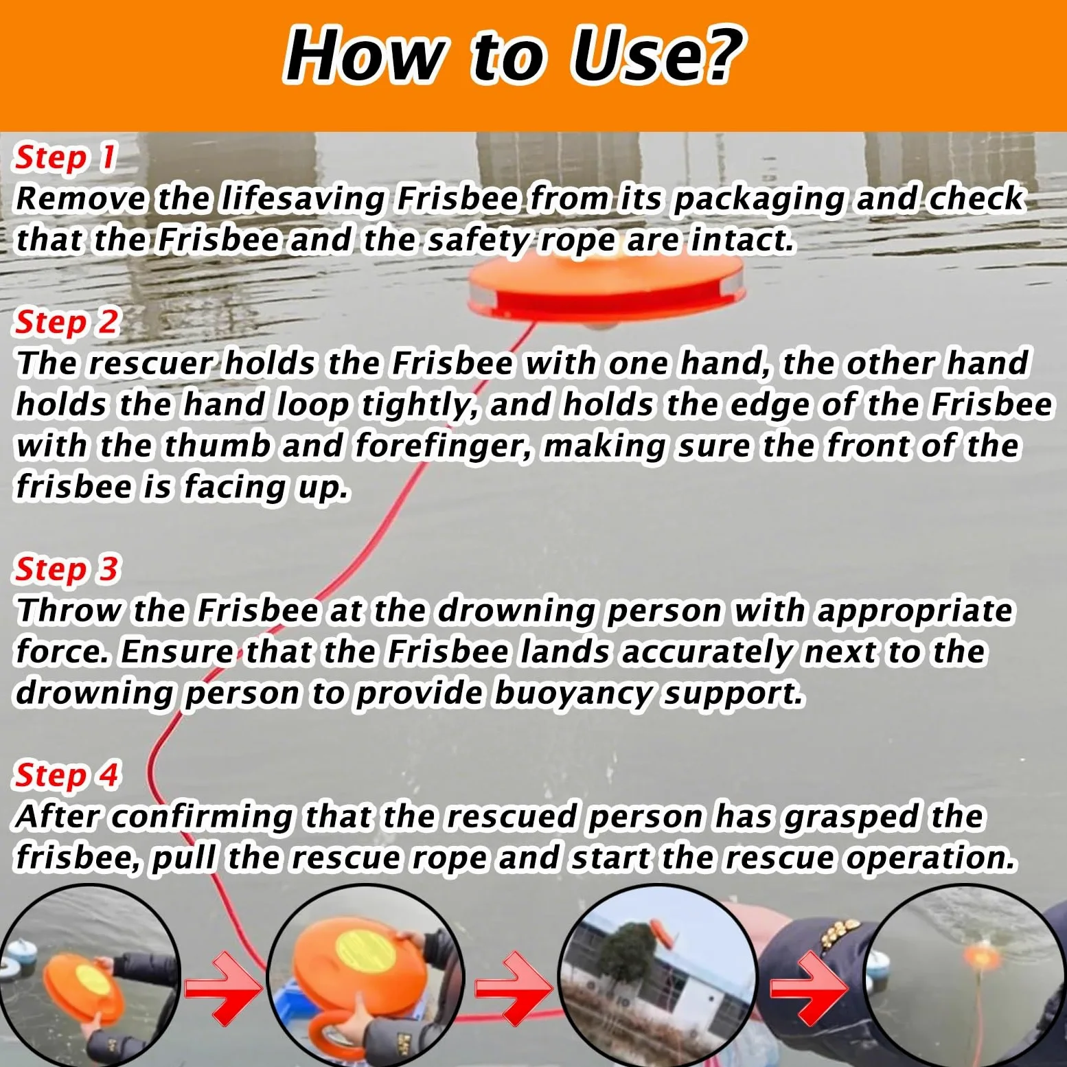 frisbee de rescate Frisbee De Rescate Para Ahogados, Frisbee Salvavidas Para Niños, Naranja De Alta Visibilidad, Dispositivos De Rescate Para Piscinas, Larga Distancia Con Cuerda De 40 M, Plástico ABS