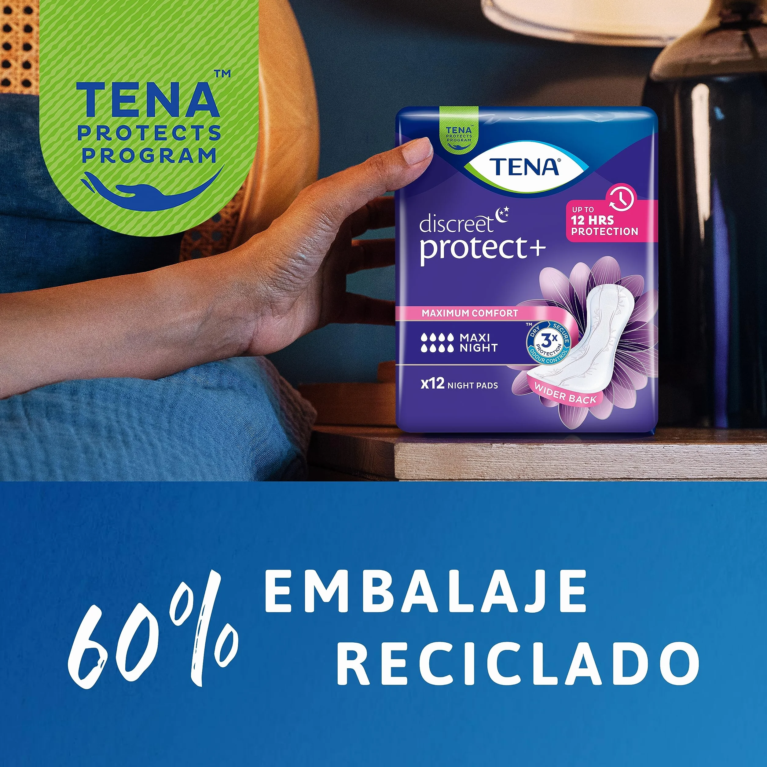 TENA Discreet Protect+ Maxi Night 48 Compresas Nocturnas Mujer Máxima Protección Absorción InstaDRY