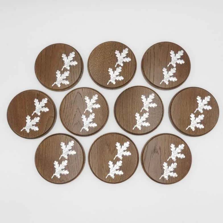 Generisch 10 placas de cuña redondas marrón AF 13 cm con 20 hojas de aluminio de roble, tabla cuña, tabla de especias, cartel trofeo.