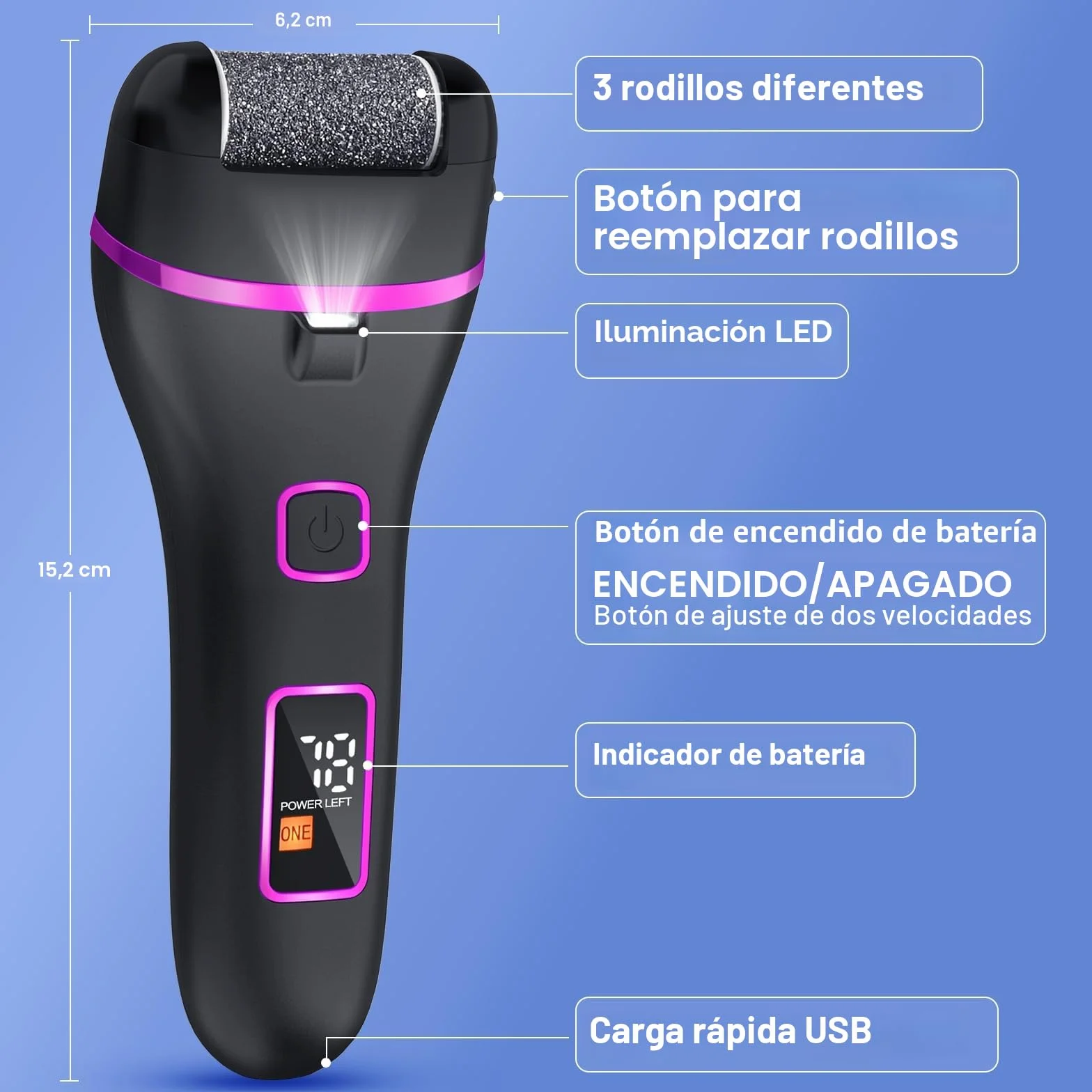 Lima Electrica Pies con 3 Rodillos y 2 Velocidades para Eliminar Durezas y Callos (negro)