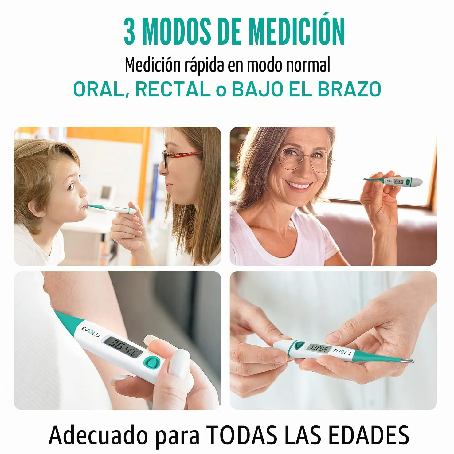 Evolu Termómetro digital oral rectal axilar 10 segundos punta flexible bebés niños adultos exactitud 0,1°C pantalla fácil lectura funda
