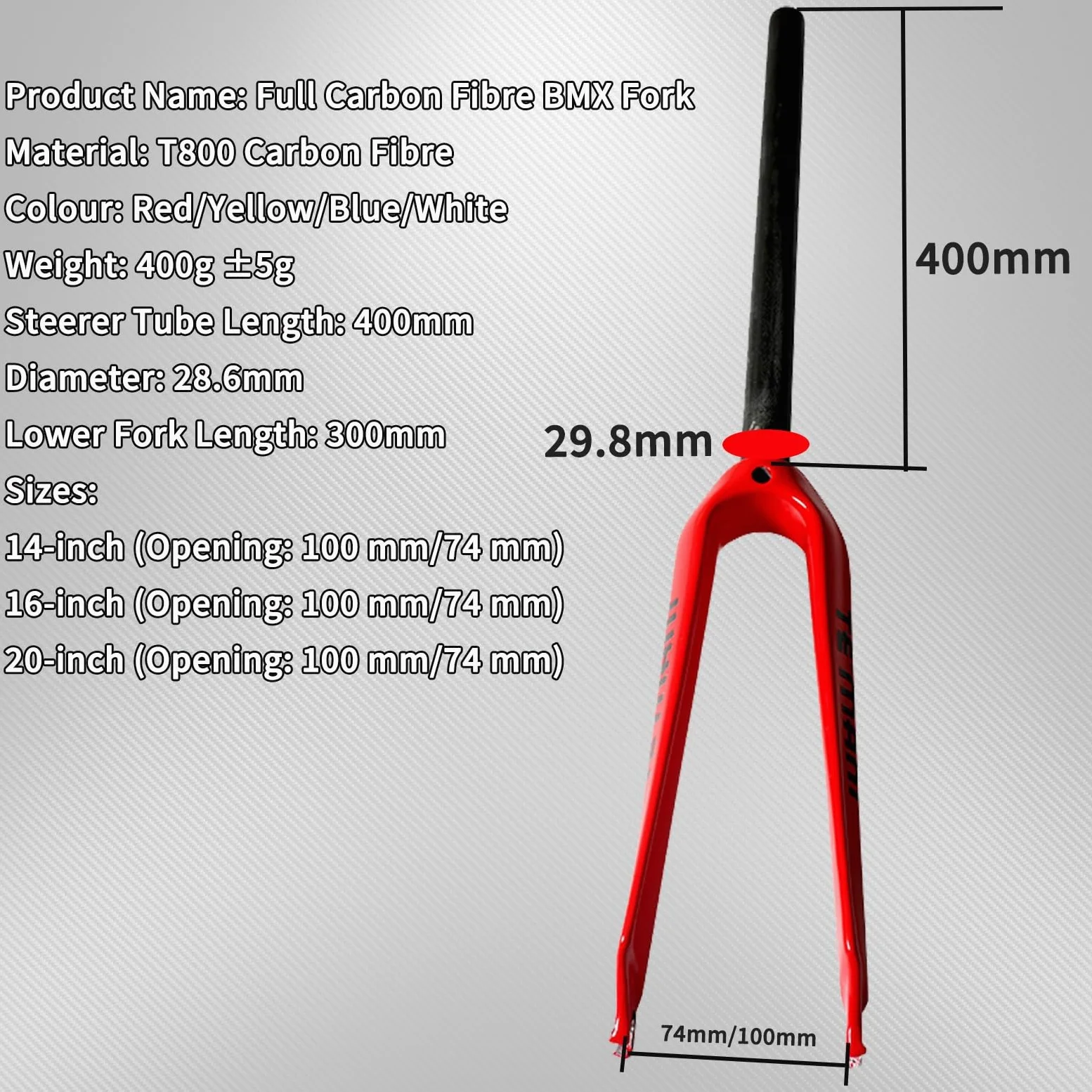 Horquilla de Fibra de Carbono para Bicicletas BMX de 14/16/18/20", rígida, Plegable, con Freno C, Tubo Recto de 1-1/8", QR de 74 mm/100 mm.