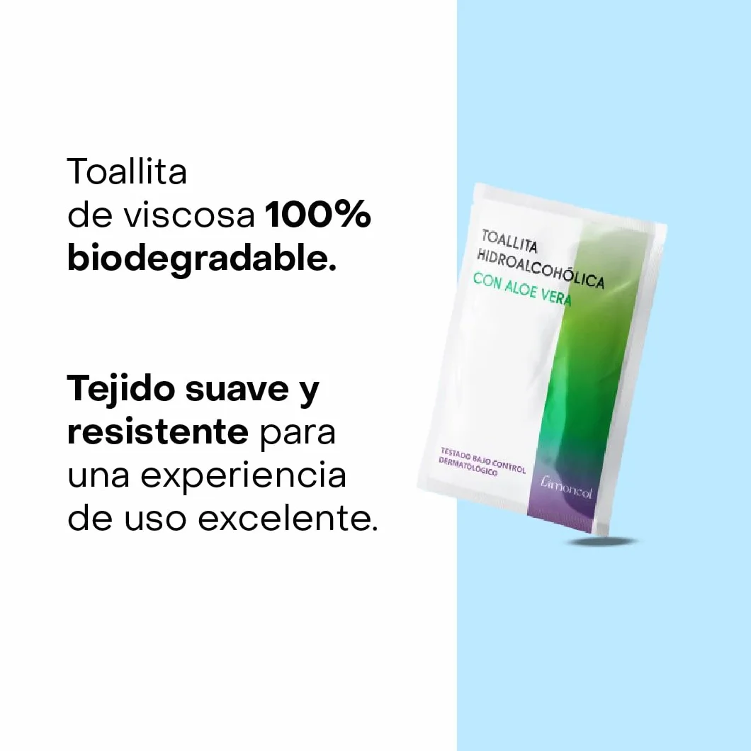 Toallitas Hidroalcohólicas con Aloe Vera, 70% Alcohol, 100 unidades