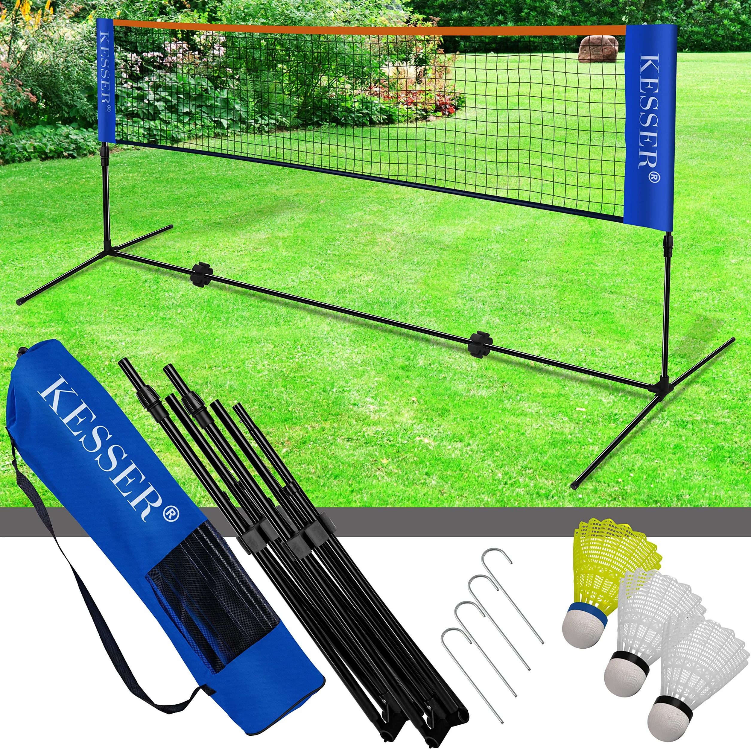 KESSER Red de bádminton con Altura Ajustable en 3 Posiciones, Juego Compuesto por Red, 3 Pelotas, Marco de Hierro
