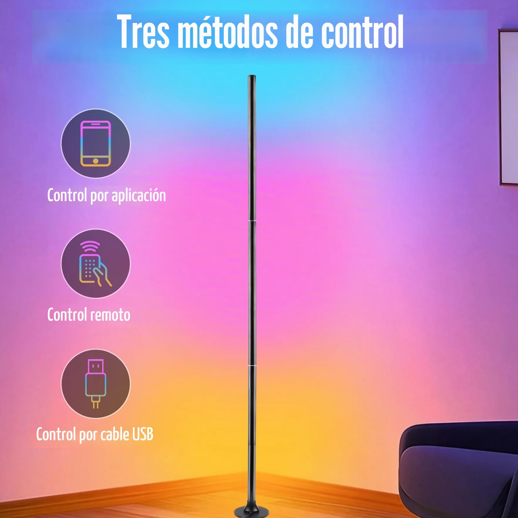 Lámpara de pie LED RGB con control por aplicación y mando a distancia, sincronización musical, 16 millones de colores
