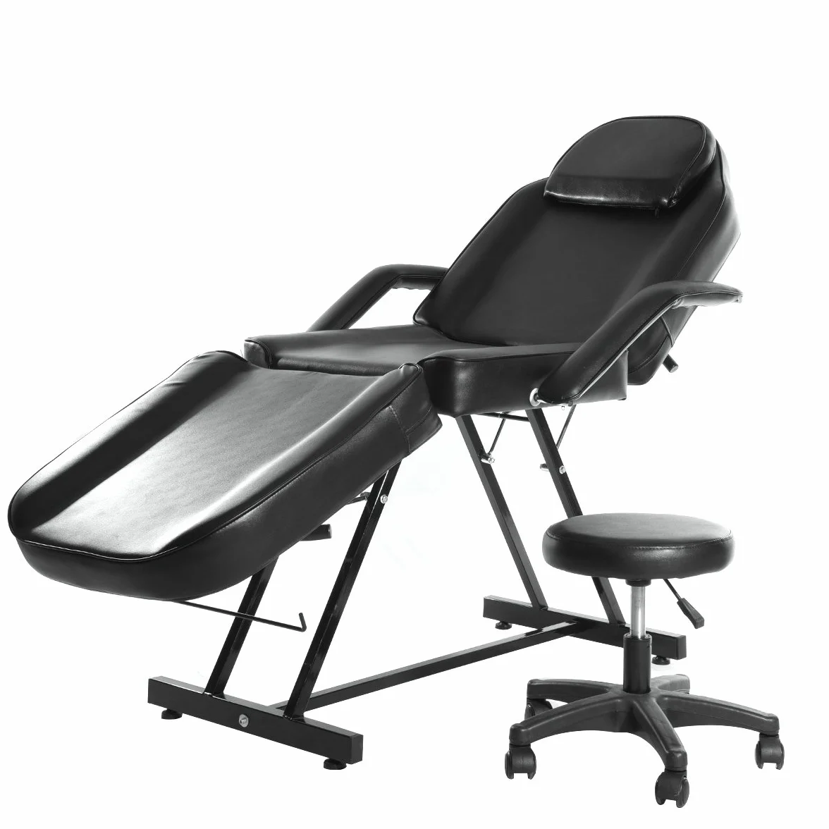 Camilla de Masaje Ajustable Plegable de Cuero PU con Taburete (Negro)