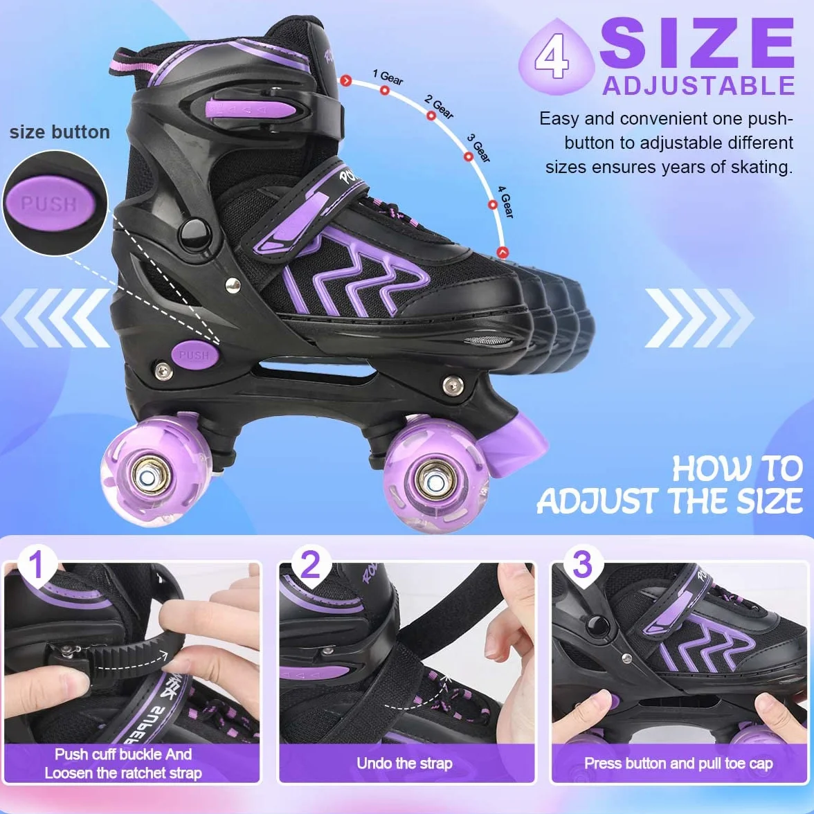 Patines 4 Ruedas Niñas Niños Roller Quad Ajustables con Ruedas Luminosas Principiantes