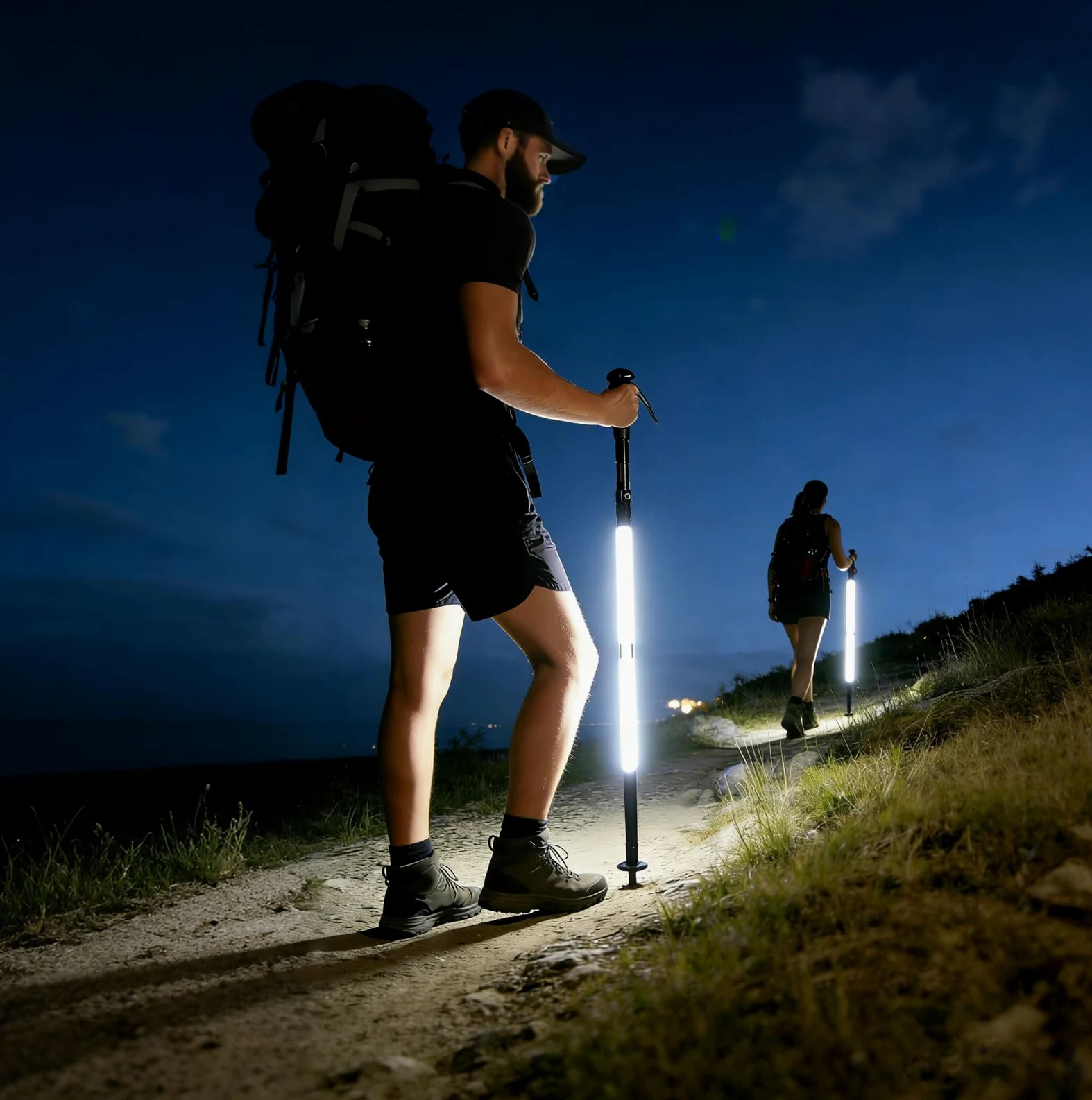 Bastones de senderismo LED recargables, bastones de senderismo plegables con linterna desmontable, multiherramienta de supervivencia, personal de senderismo iluminado para acampar nocturno, senderismo