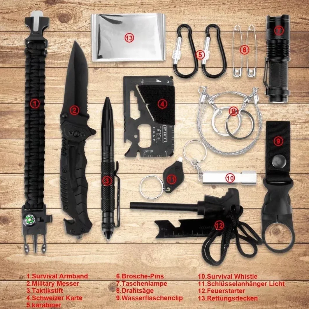Kit de Supervivencia LC-dolida 15 en 1, Kit de Supervivencia de Emergencia al Aire Libre con Cuchillo/Linterna táctica para Acampar/bushcraft/Senderismo/Caza/Aventuras al Aire Libre