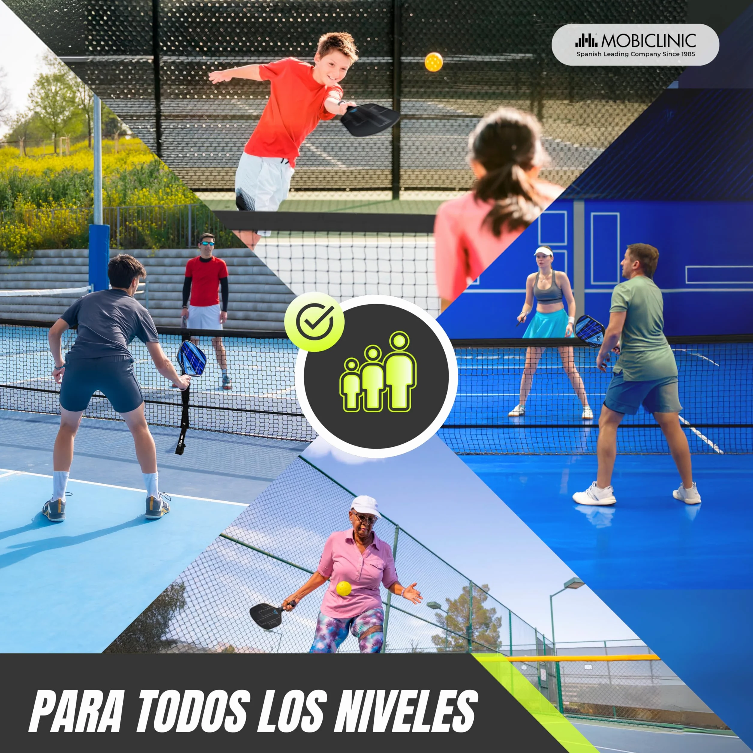 Mobiclinic®, Set de Pickleball, Palas de Fibra Vidrio, Pelotas Interior y Exterior, Bolsa Transporte, Núcleo de Polipropileno de Panal, Grip Antideslizante (4 Palas + 8 Pelotas + Red)