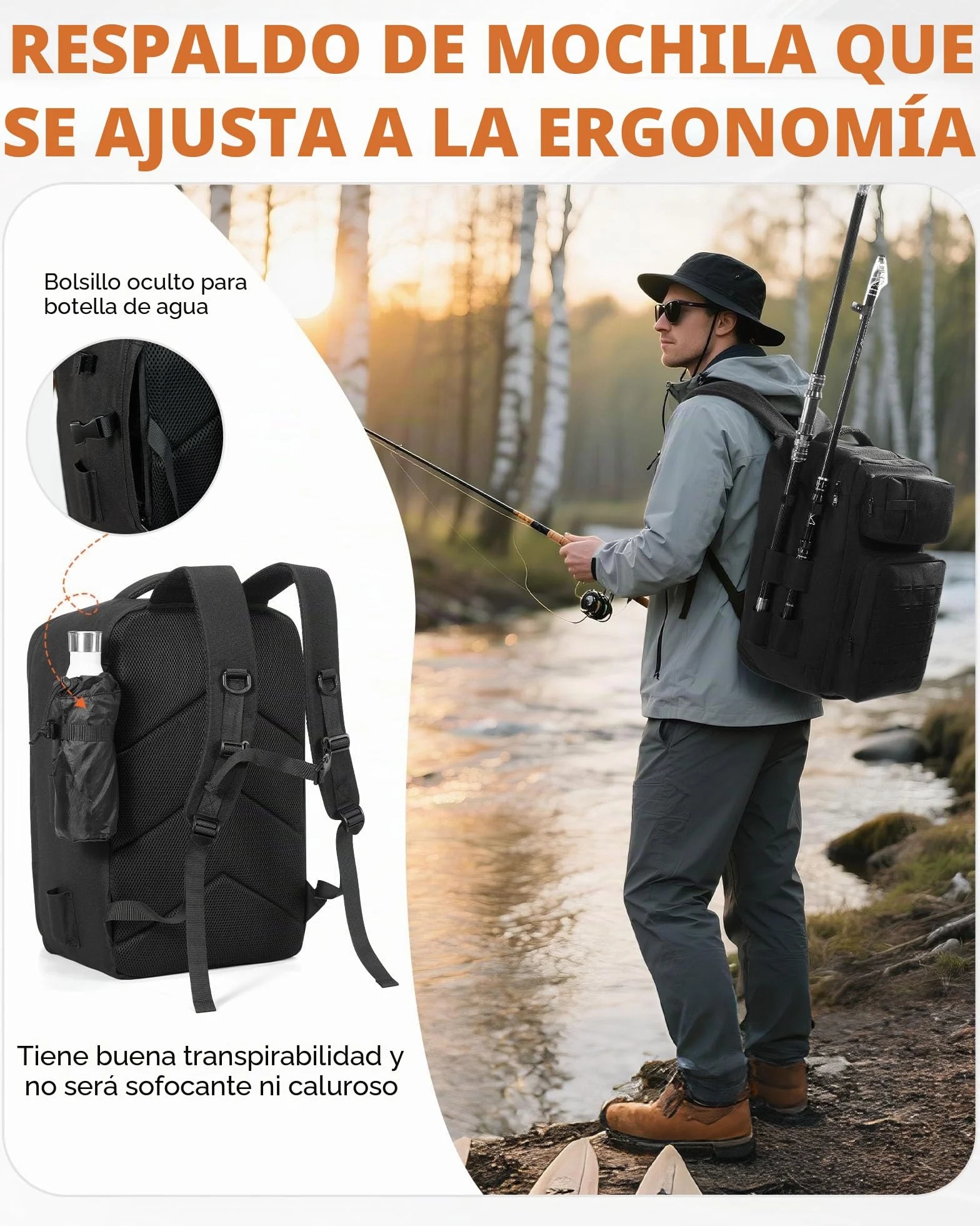WEFLIER Mochilas de Pesca, Bolsos de Equipos de Con Accesorios de Pesca Con Palos de, Bolsos de Viaje Con Bolsas de Almacenamiento 48l, Caza de Campamento, Camping, Trekking, Negro