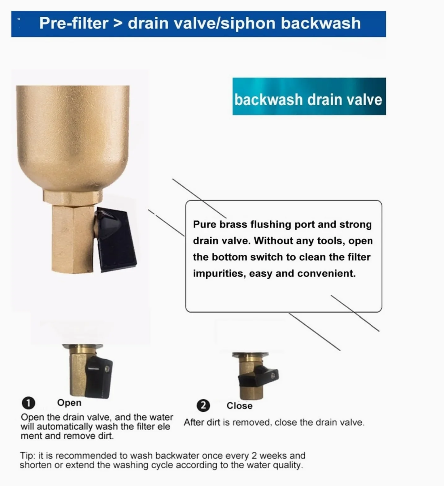 Sistema de filtro de agua, Sifón Backwas Pre-filtro de agua caliente, purificador latón entero Prefiltro malla acero inoxidable con manómetro(Whole brass,0.75 inch)