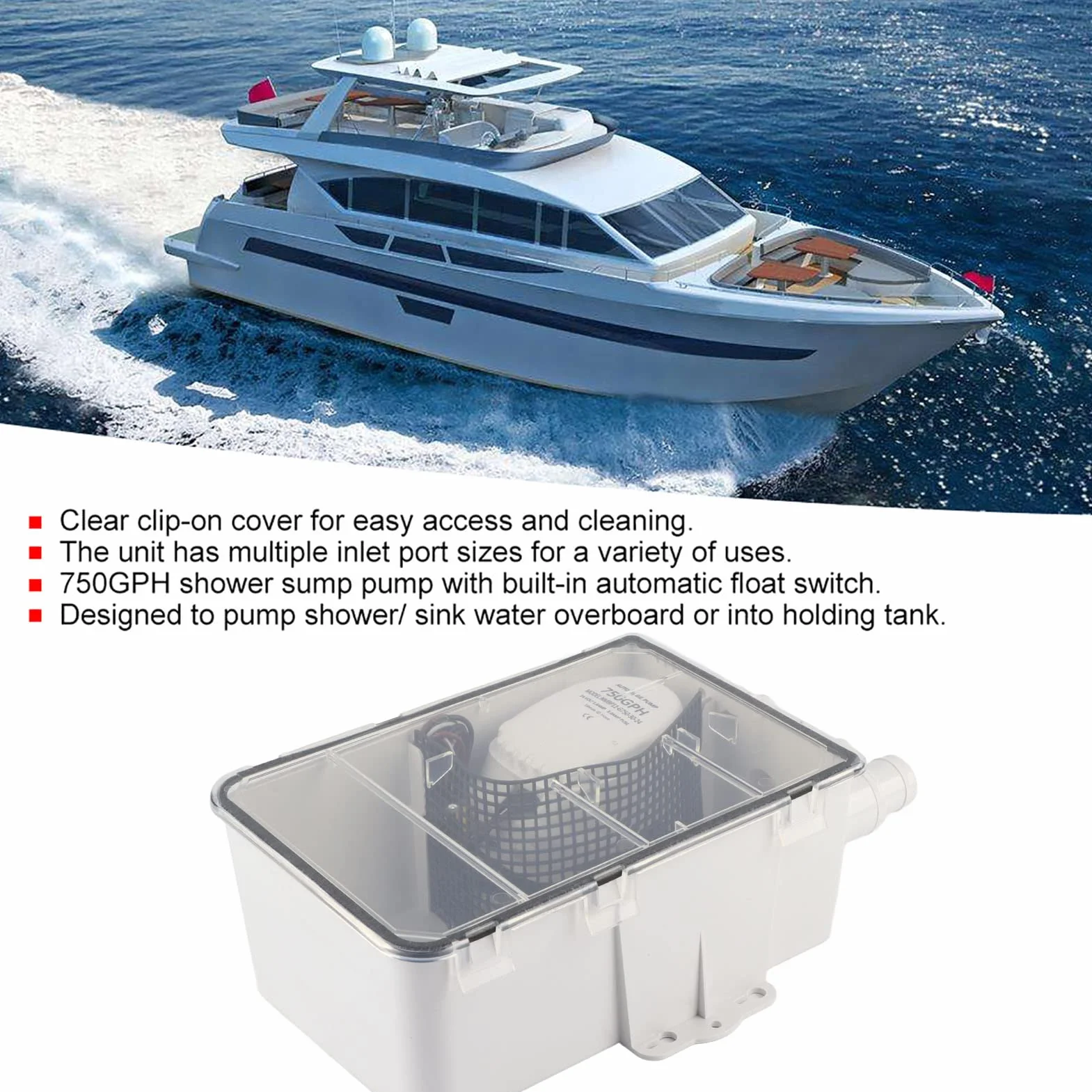 Bomba De Sumidero Para Ducha 750GPH Con Flotador Automático Y Múltiples Entradas DC 12V/24V Para Barcos Y Yates Compatible Con Y Rule Ideal Para Drenaje De Aguas Residuales