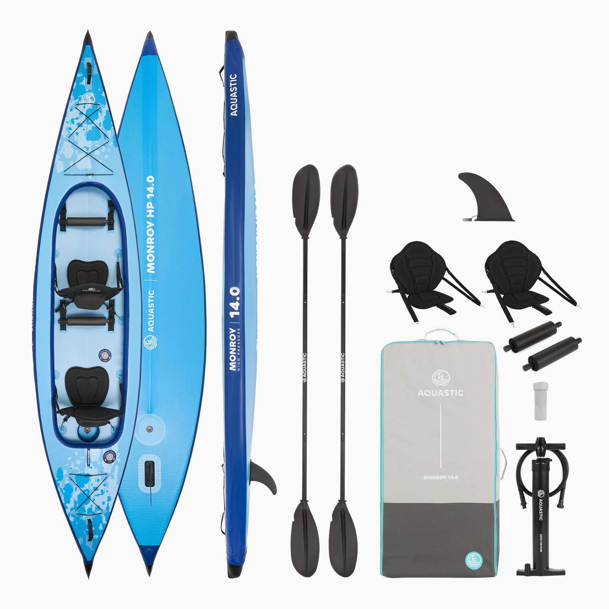 AQUASTIC Monroy 14'0" - Kayak Hinchable y Sup Hybrid Drop-Stitch, 2 cámaras en V, Estable, Capacidad de Carga de hasta 250 kg, Equipamiento: 2 Asientos, Paleta, Bomba, lastre, Mochila