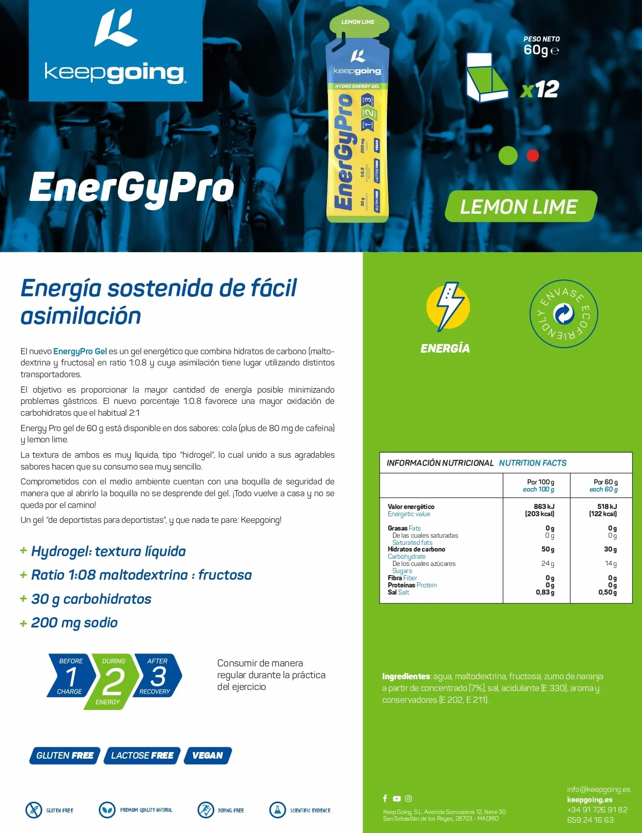 Keepgoing EnergyPro Gel Energético con Cafeína Limón 12 unidades