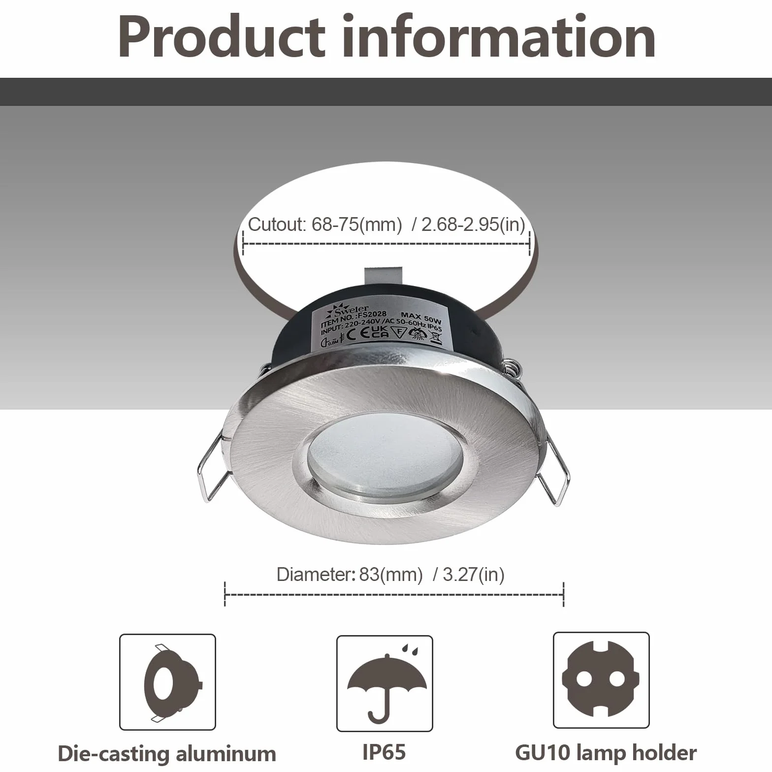Focos Empotrables LED Impermeables IP65 Base GU10 Aluminio Fundado ACD12 Níquel Satinado Corte 68 mm 1 Pieza