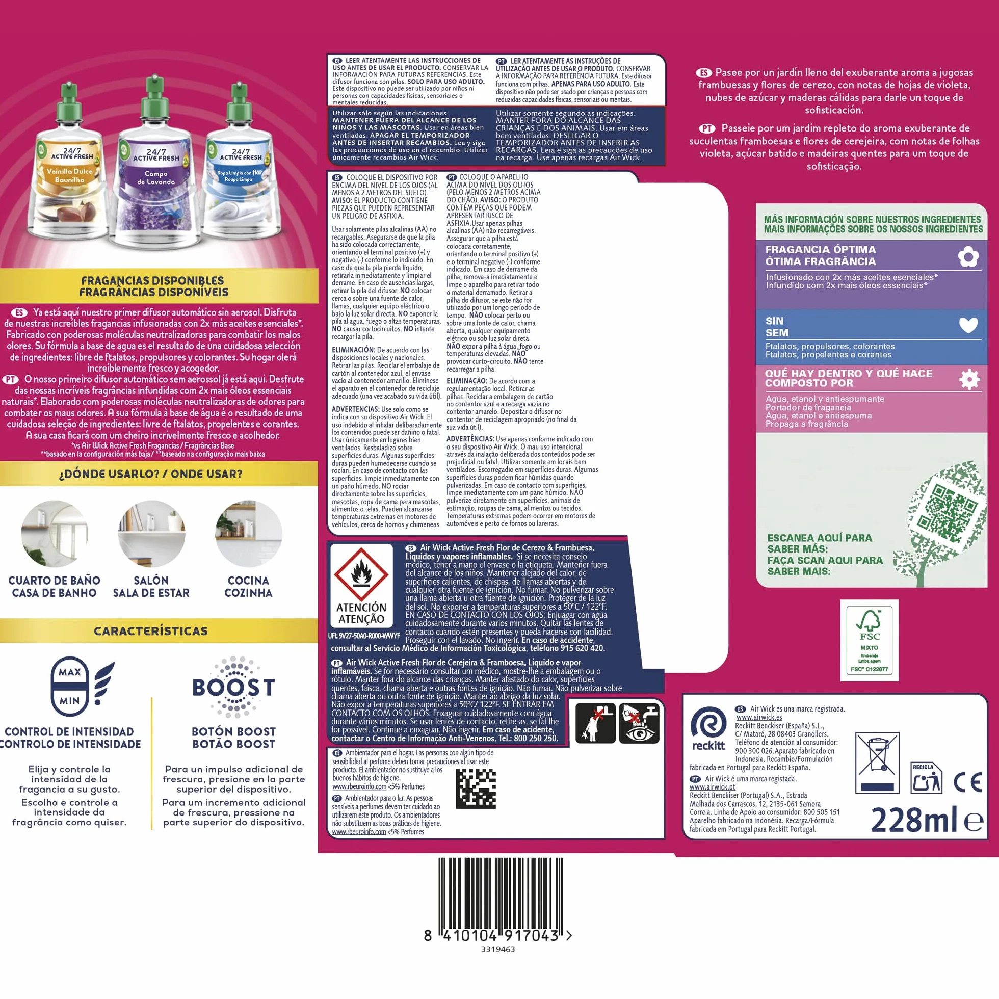 Air Wick Active Fresh Spray Automático Sin Aerosol Ambientador Hogar Flor de Cerezo Frambuesa 2x Aceites Esenciales
