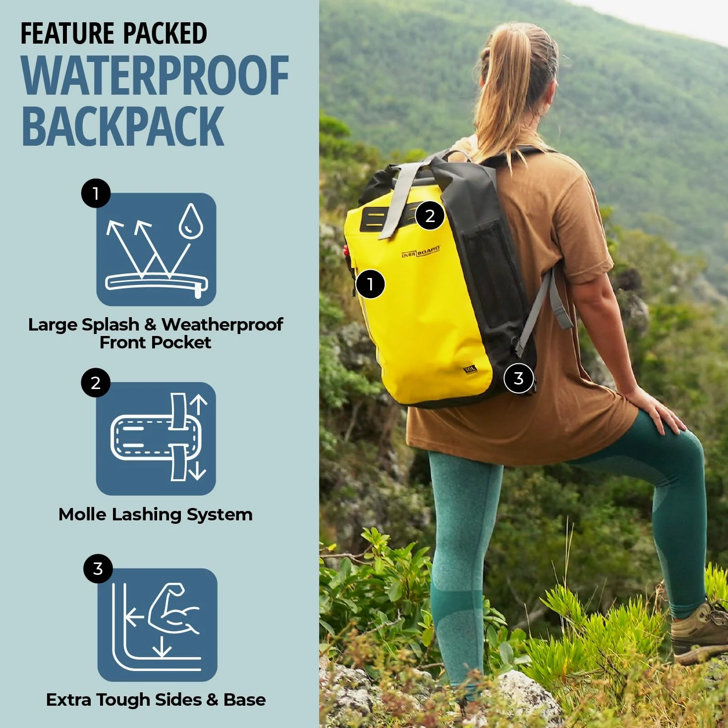 Overboard Mochila impermeable azul de 45 litros | Bolsa seca flotante enrollable para kayak, playa, canotaje, senderismo, pesca, rafting | Incluye funda impermeable para teléfono y organizador de