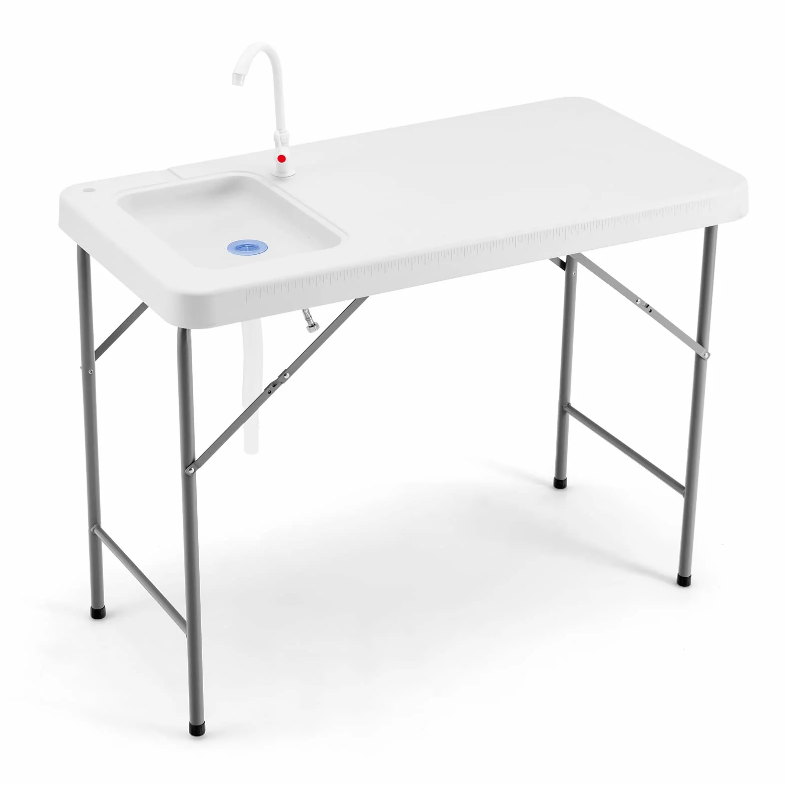 GYMAX Mesa de Camping con Fregadero y Grifo, Mesa de Fileteado, Mesa de Limpieza de Pescado, Plegable con Escala de Medición, Fregadero de Jardín, para Camping, Pesca