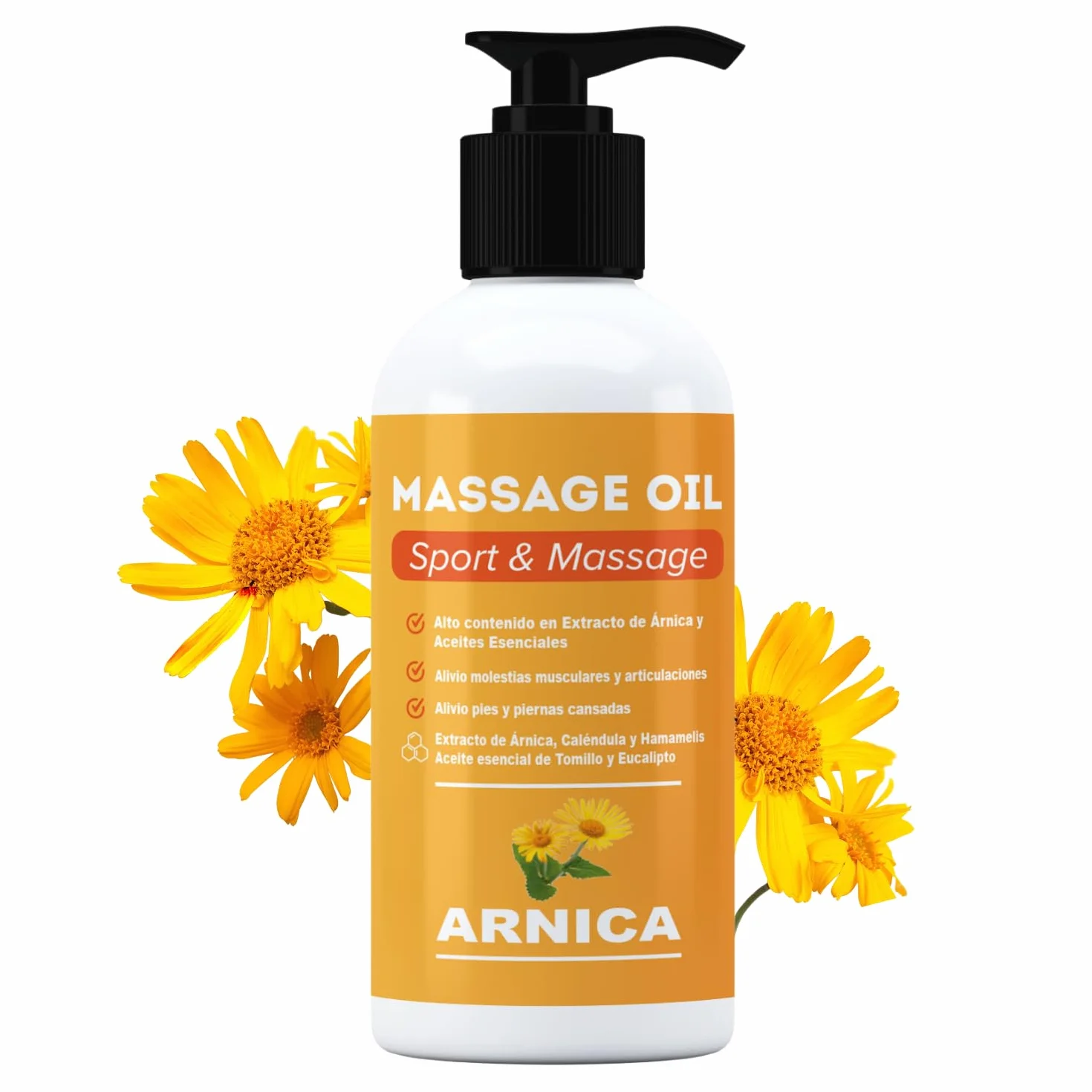 Aceite para masaje con extracto de Arnica, Calendula y Hamamelis (250 ml) - Absorción Rápida