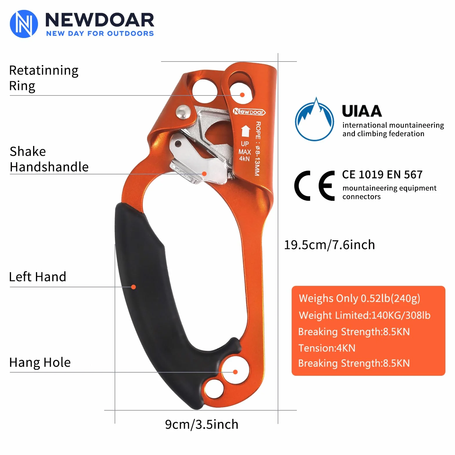 NewDoar Hand Ascender Rock Climbing Tree Arborist Rappel Gear 8~12MM