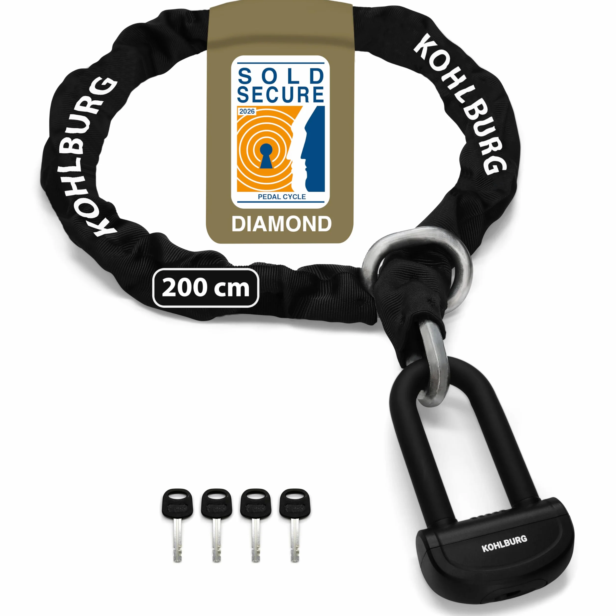 KOHLBURG antirrobo de cadena macizo para moto 8kg, 210 cm de longitud con nuestro nivel de seguridad más alto 15+ de 15, cadena de acero de 13 mm super robusta como candado para moto, scooter y e-bike