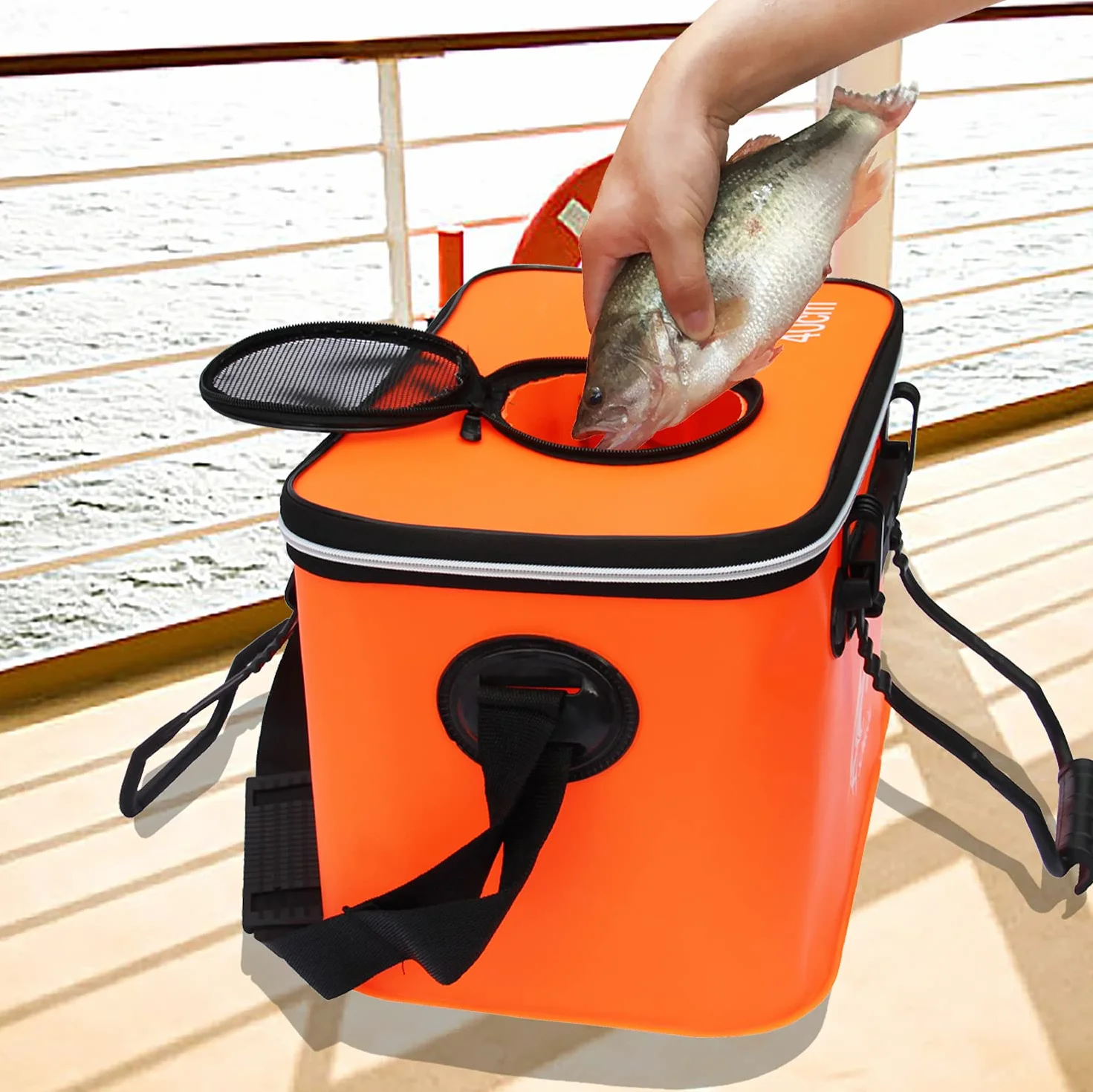 Cubo de Pesca,Cubo de Cebo de Pesca Plegable Portátil, Contenedor de Cebo de Pesca Vivo Multifuncional, Bolsa de Pesca de EVA para Acampar al Aire Libre y Cubo de Protección de Peces (Naranja, 30L)