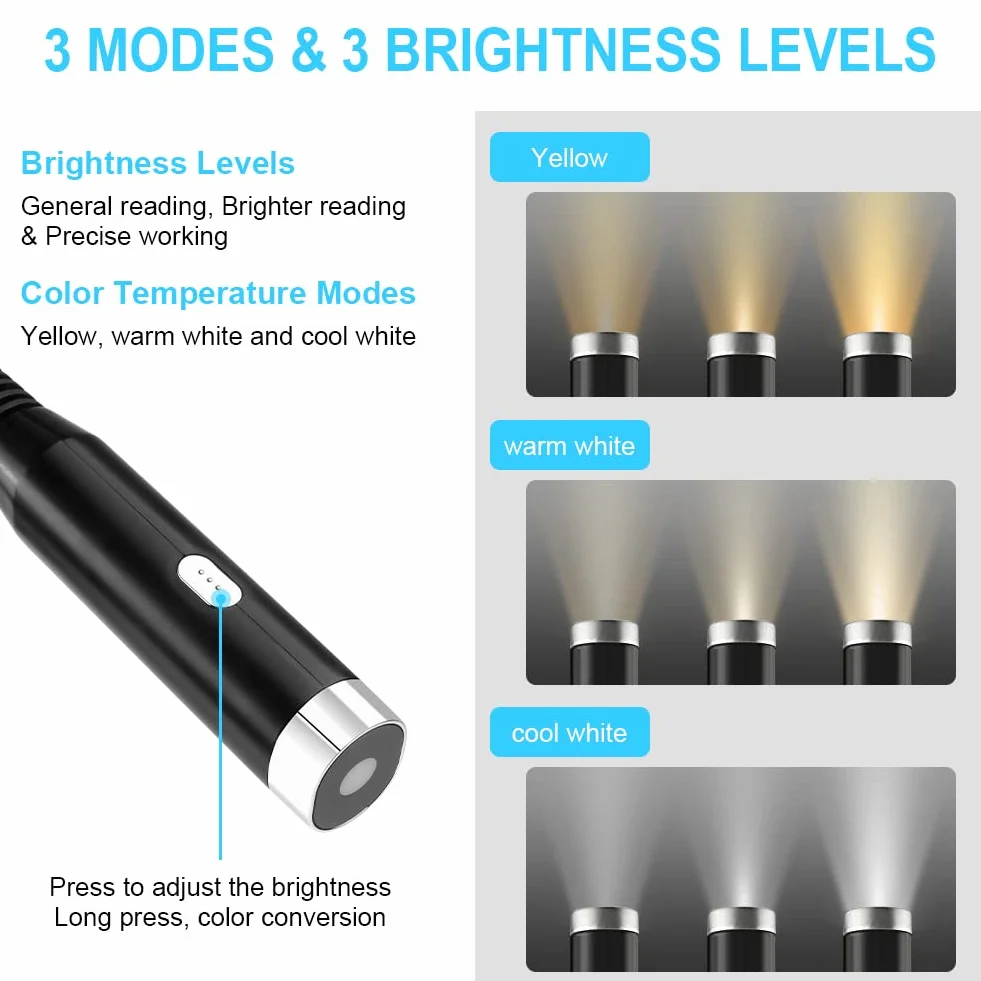 URAQT Luz de Lectura Recargable Cuello Flexible, 3 Colores 3 Niveles Brillo Ajustables para Leer Nocturna