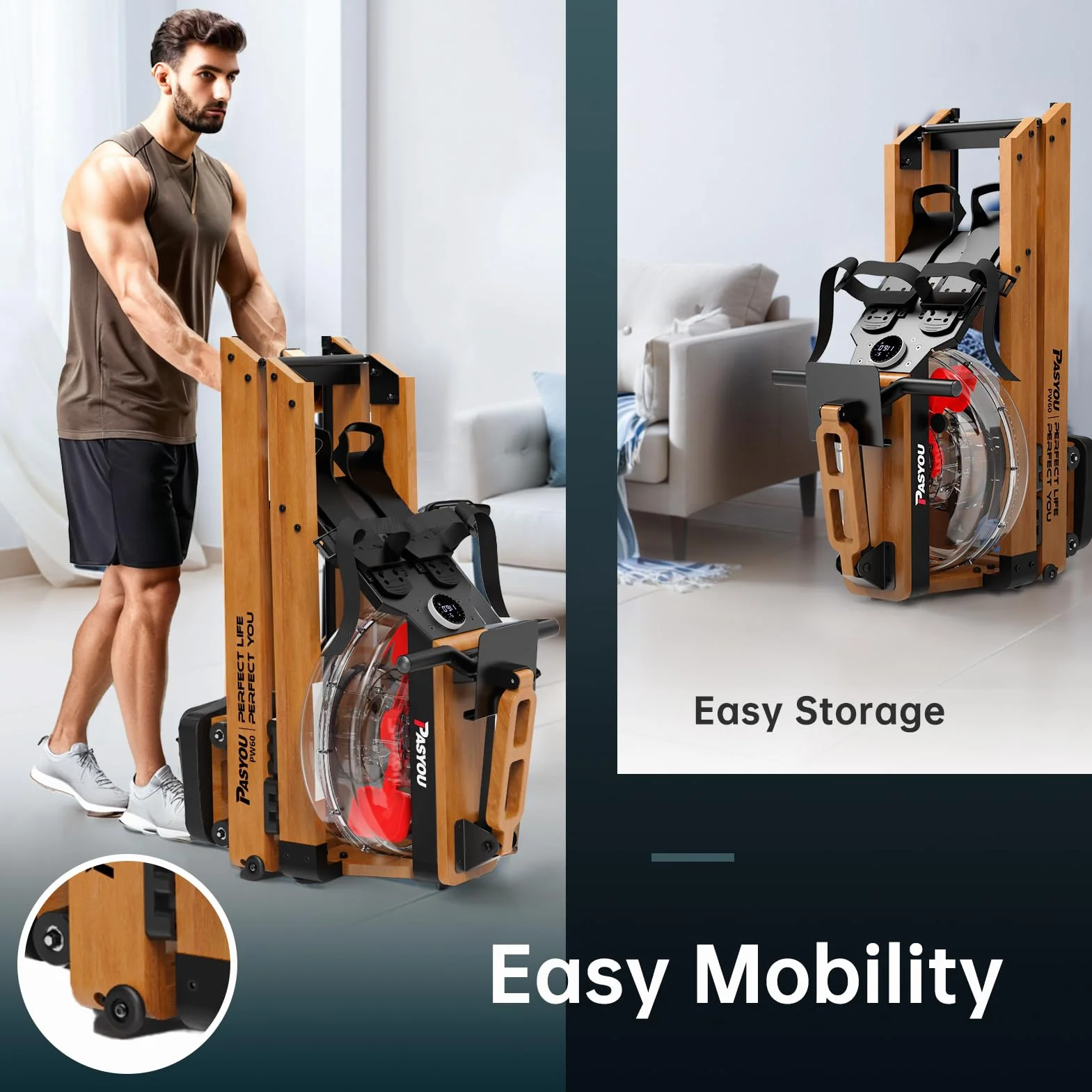 PASYOU Máquina de Remo para casa de Roble, Plegable, con Pantalla Bluetooth, 30 días de membresía Gratuita, con Soporte Ajustable para Tablet 150 kg, PW60