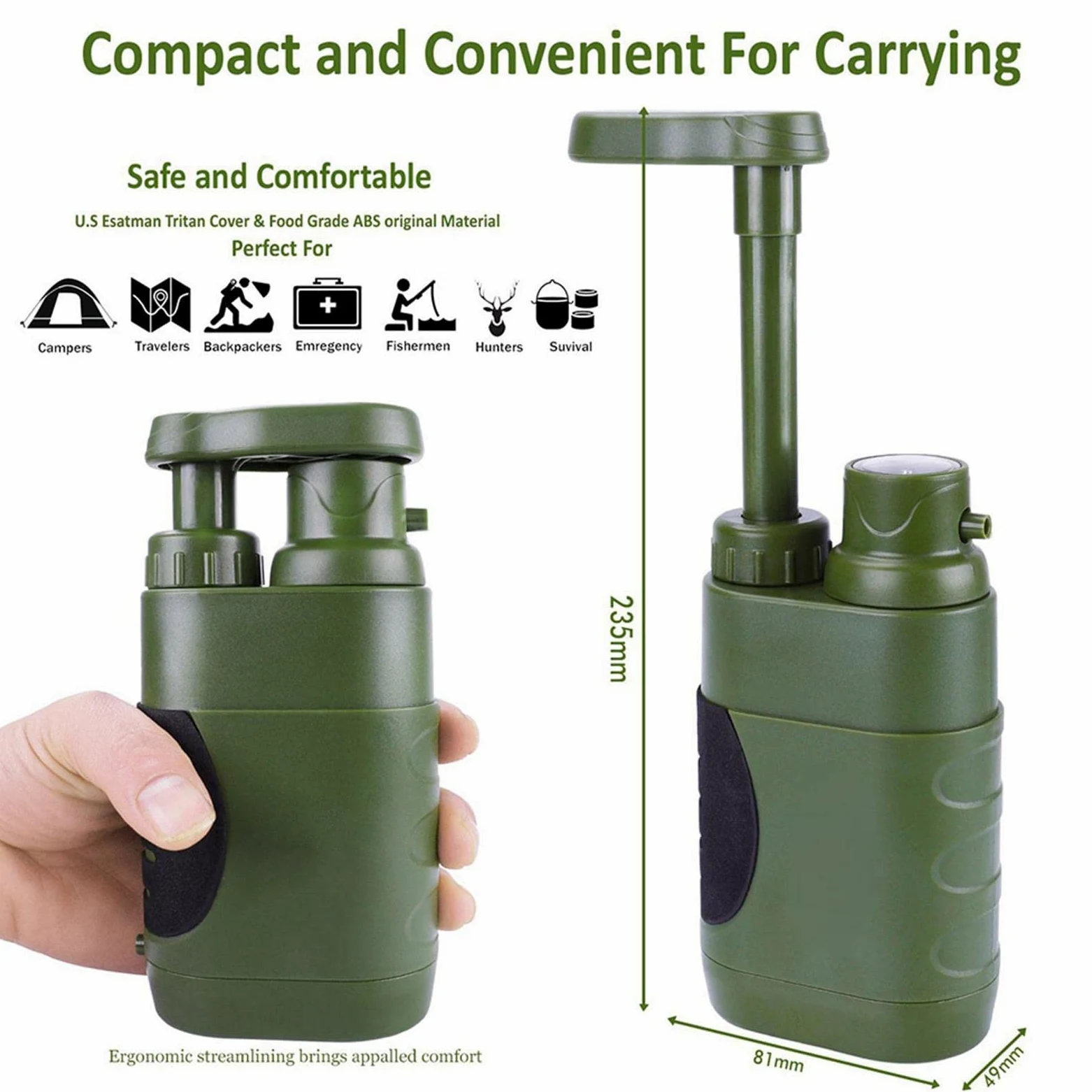 Purificador de Agua Portátil Filtro de Supervivencia para Fuentes Botella con Bolsa de Almacenamiento de Filtración Hueco Diseño