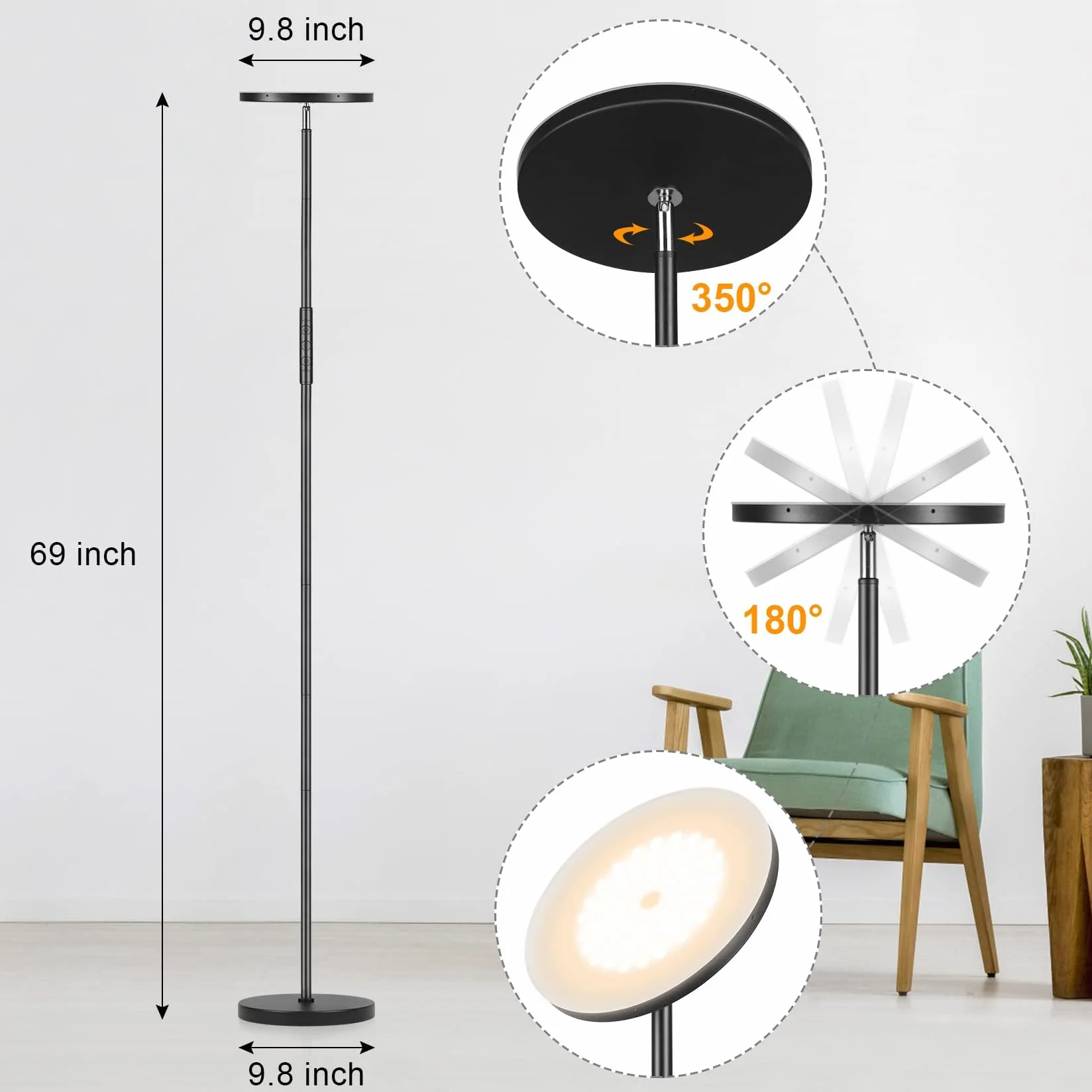 Lámpara de pie 36W 3600LM 350W Equivalente Moderna Torchiere con Mando a Distancia y Control Táctil 69" Sala de Estar