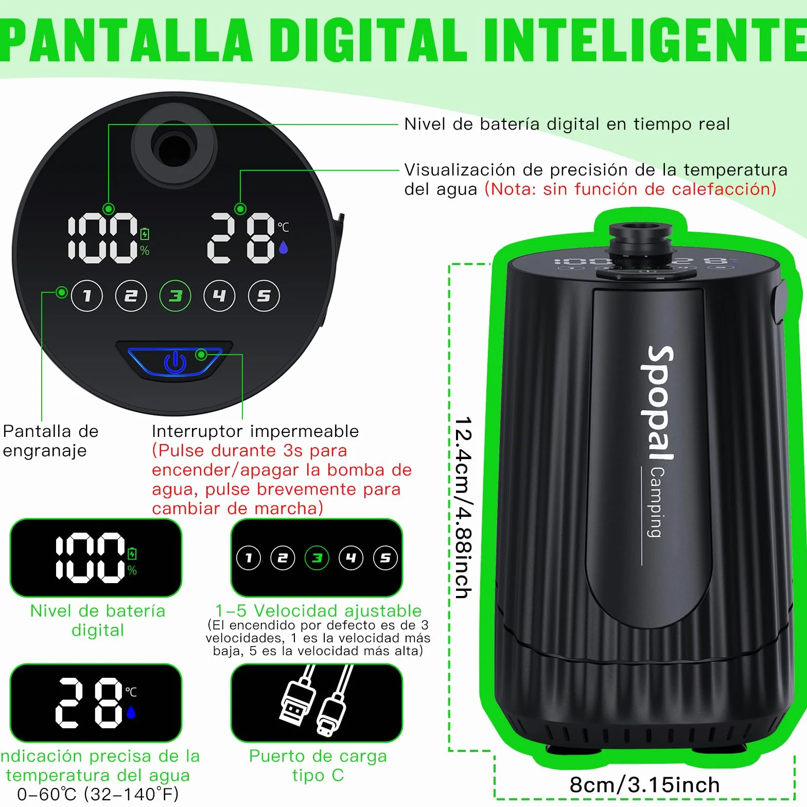 Camping Portatil Ducha 10000mAh Recargable Bateria Pantalla Temperatura 5 Velocidad Larga Duración para Hacer Caminatas Perros