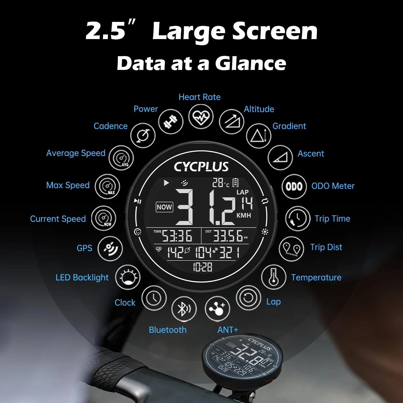CYCPLUS Ordenador de Bicicleta GPS, Ordenador de Bicicleta inalámbrico, Resistente al Agua, IPX6, velocímetro Ant+, Ordenador de Bicicleta inalámbrico,Bluetooth, Compatible con Strava