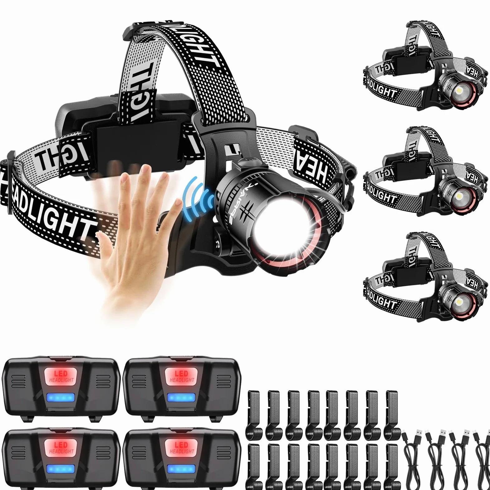 Linterna frontal LED de alto lúmenes y tiempo de uso de 100 horas, lámpara frontal recargable por USB, luz frontal ajustable de 90° con sensor de movimiento de haz ancho con 5 modos, zoom para
