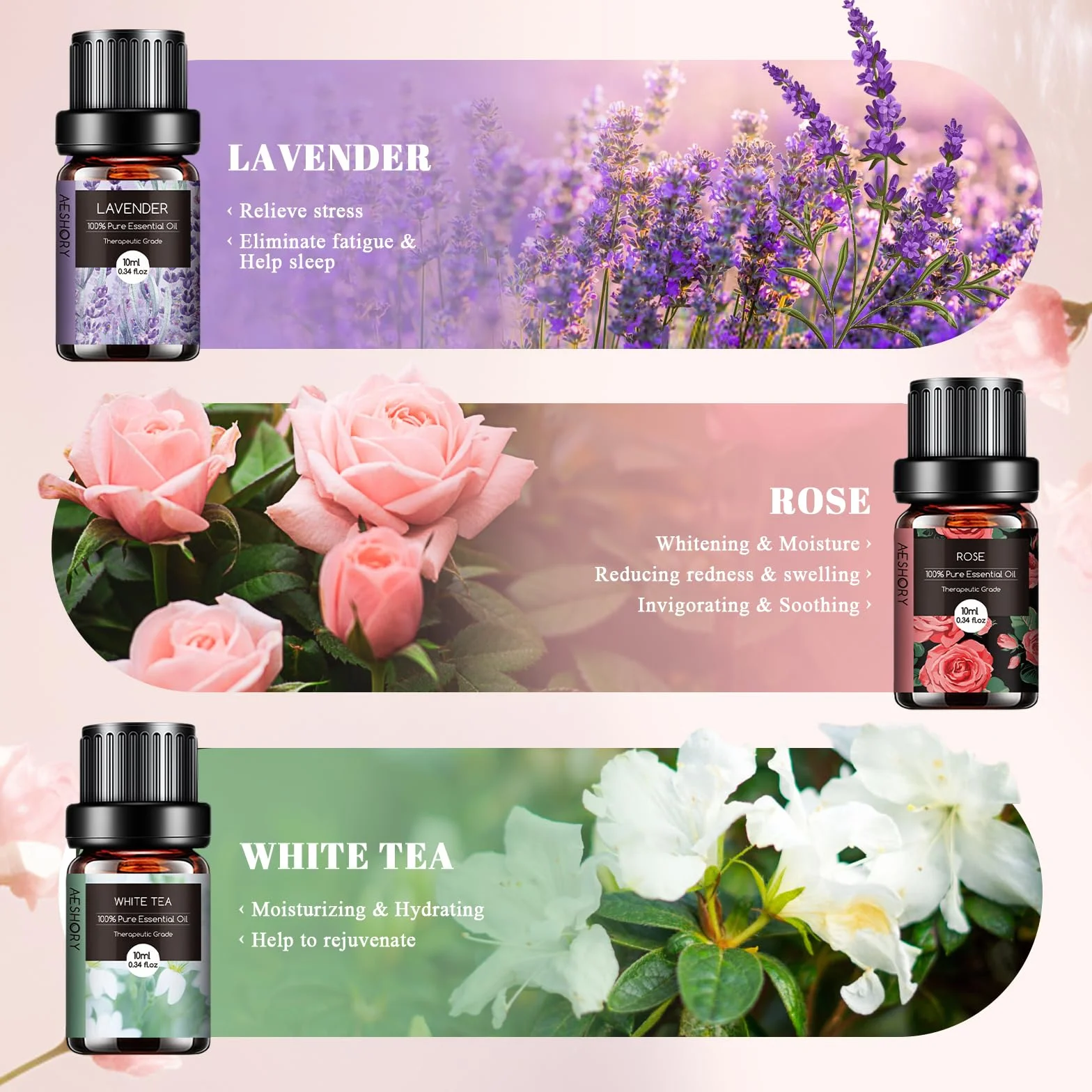 AESHORY Aceites Esenciales para Humidificador 6 x 10ml, Set de Aromaterapia Natural - Flor de Cerezo, Jazmín, Lavanda, Rosa, Té Blanco, Ylang Ylang