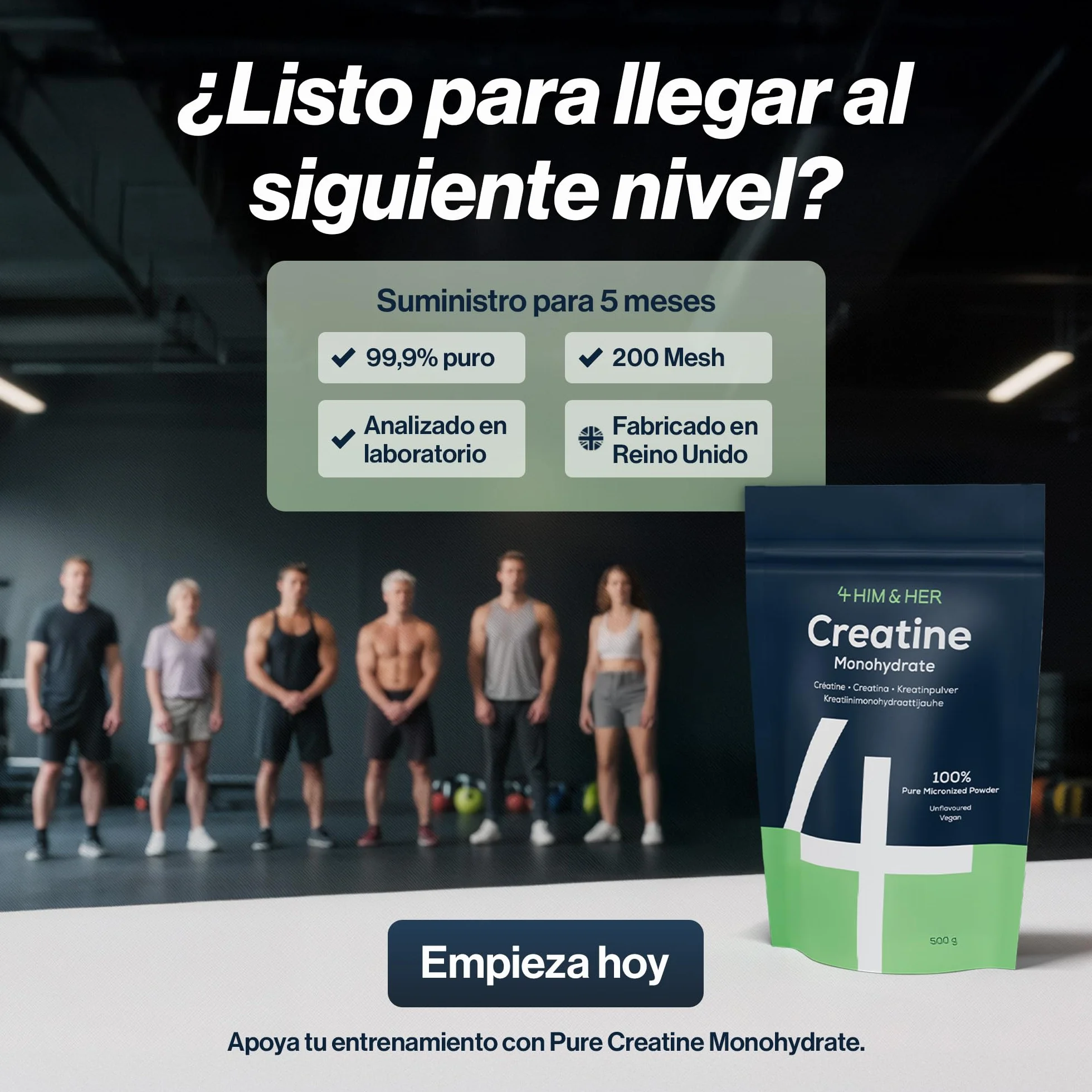 Creatina Monohidratada Polvo 500g, 5 Meses, 100% Pura, Sin Sabor, Micronizada 200 Mesh, Soluble, 147 Porciones, Vegana, Sin Gluten