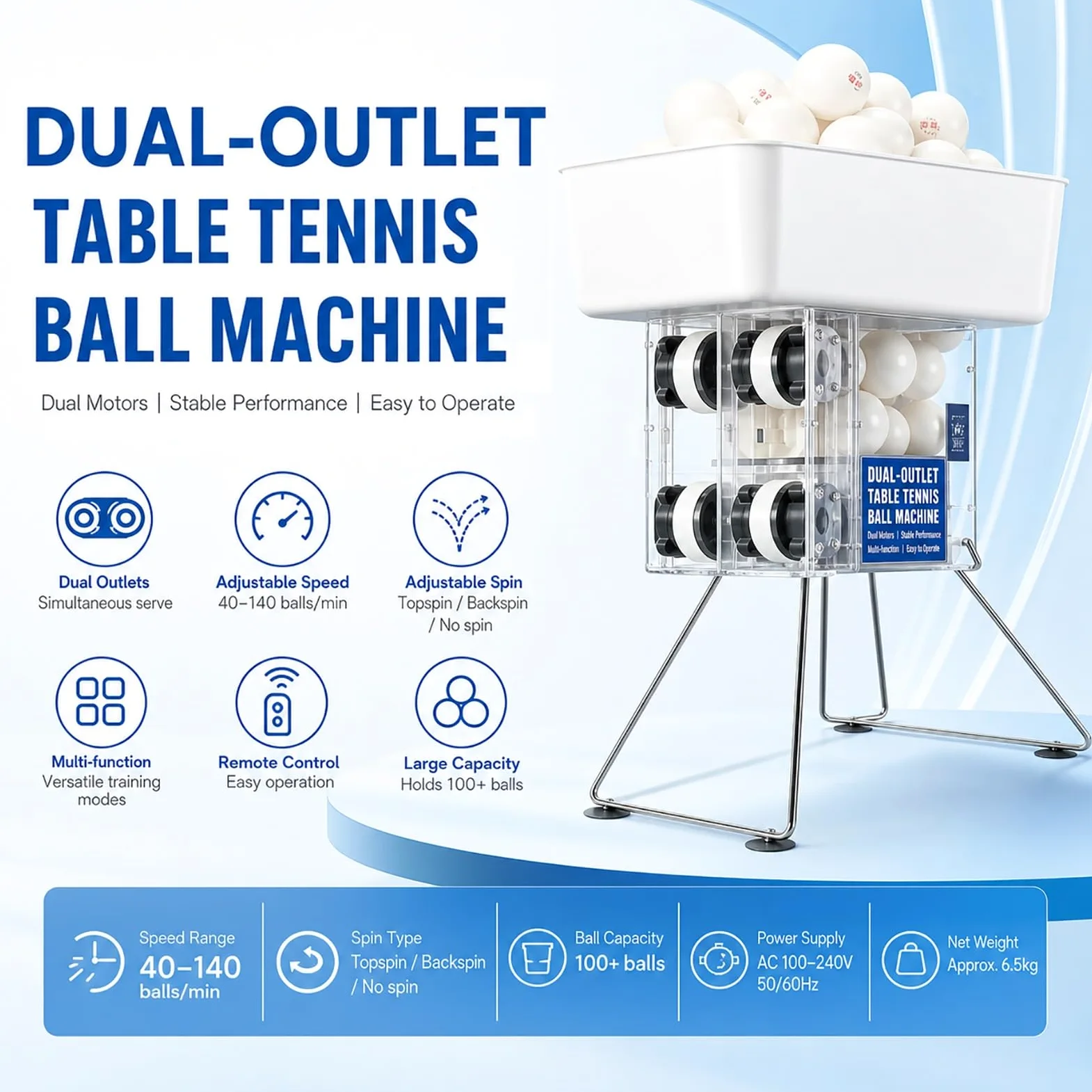 Genérico Máquina Robot de Ping Pong, máquina de Velocidad de Giro Ajustable | Tolva de bolas de alta capacidad, for el hogar, dormitorio, escuela, pequeña cancha de tenis de mesa cubierta