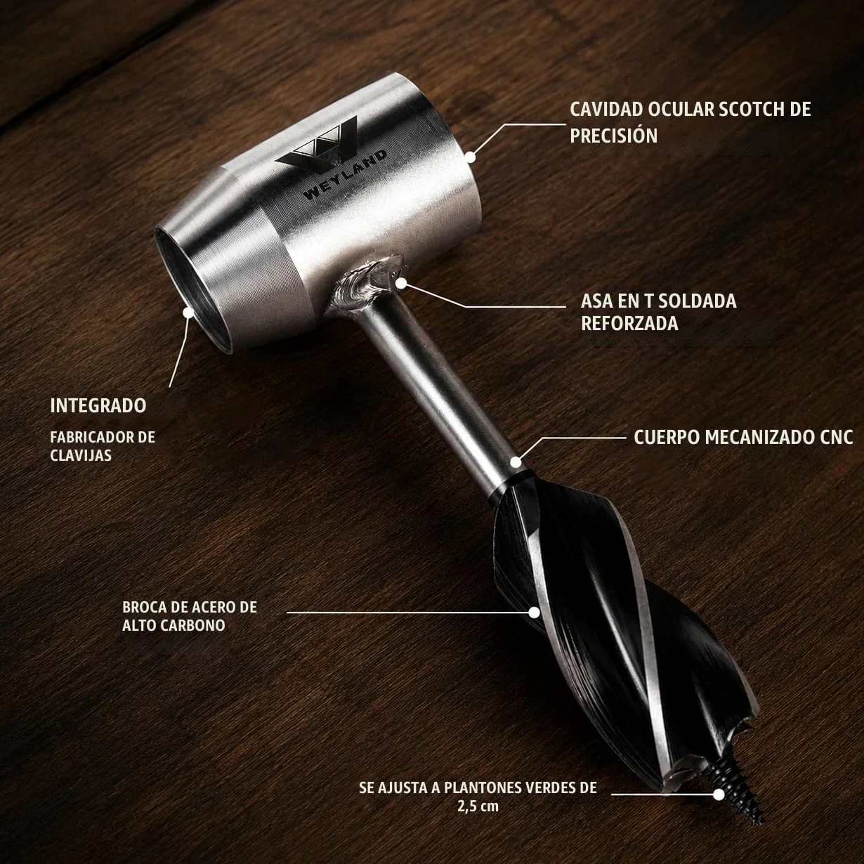 WEYLAND Herramienta de supervivencia Bushcraft de Settlers: taladro de mano de madera de ojo escocés, herramienta para hacer piquetas y agujeros, multiherramienta con vaina, herramientas para acampar