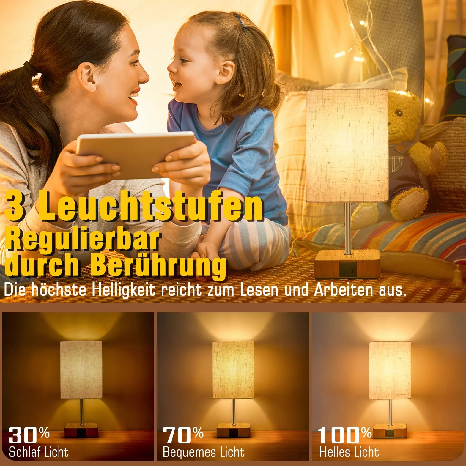 Lámpara Mesita Noche Táctil Regulable con Puertos de Carga USB A y C, 3 Niveles de Brillo, para Dormitorio, Sala, Oficina