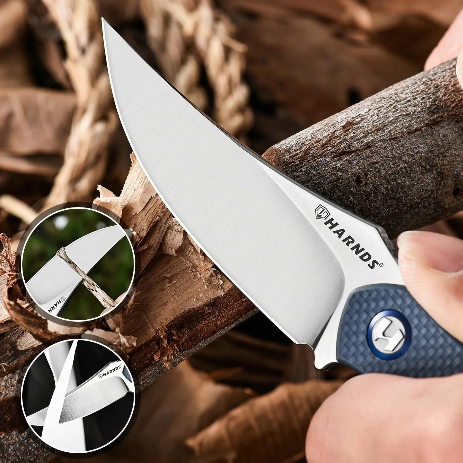 Harnds Tiburón Cuchillo de Hoja Fija para Outdoor con Funda Kydex Hoja de Acero D2 Ideal Cuchillo de Camping Cuchillo de Supervivencia Premium Cuchillo Bushcraft (Gris - Satín)