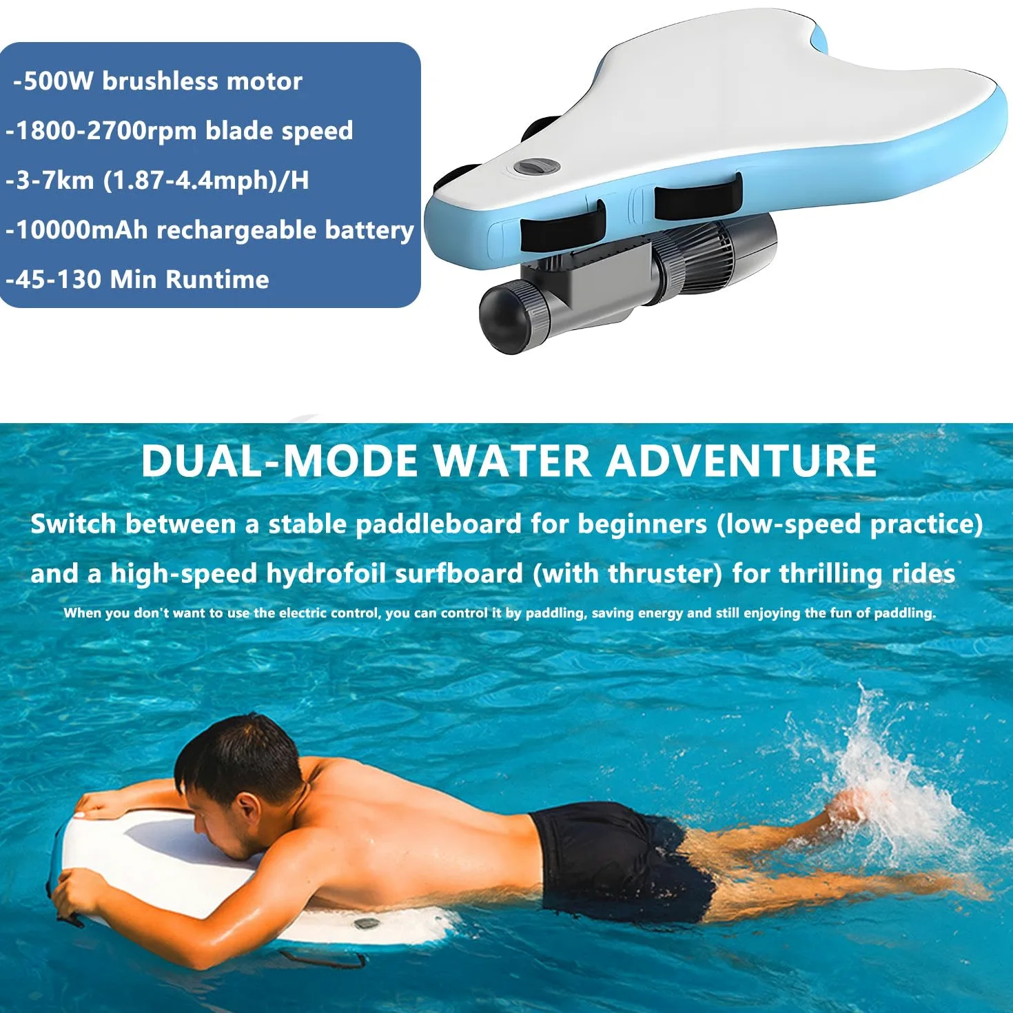 Tabla de surf eléctrica con refuerzo subacuático de 500 W, bodyboard inflable, duración de la batería de 40-130 minutos, 3-7 km/h, material grueso, incluye bolsa de almacenamiento de empuje para
