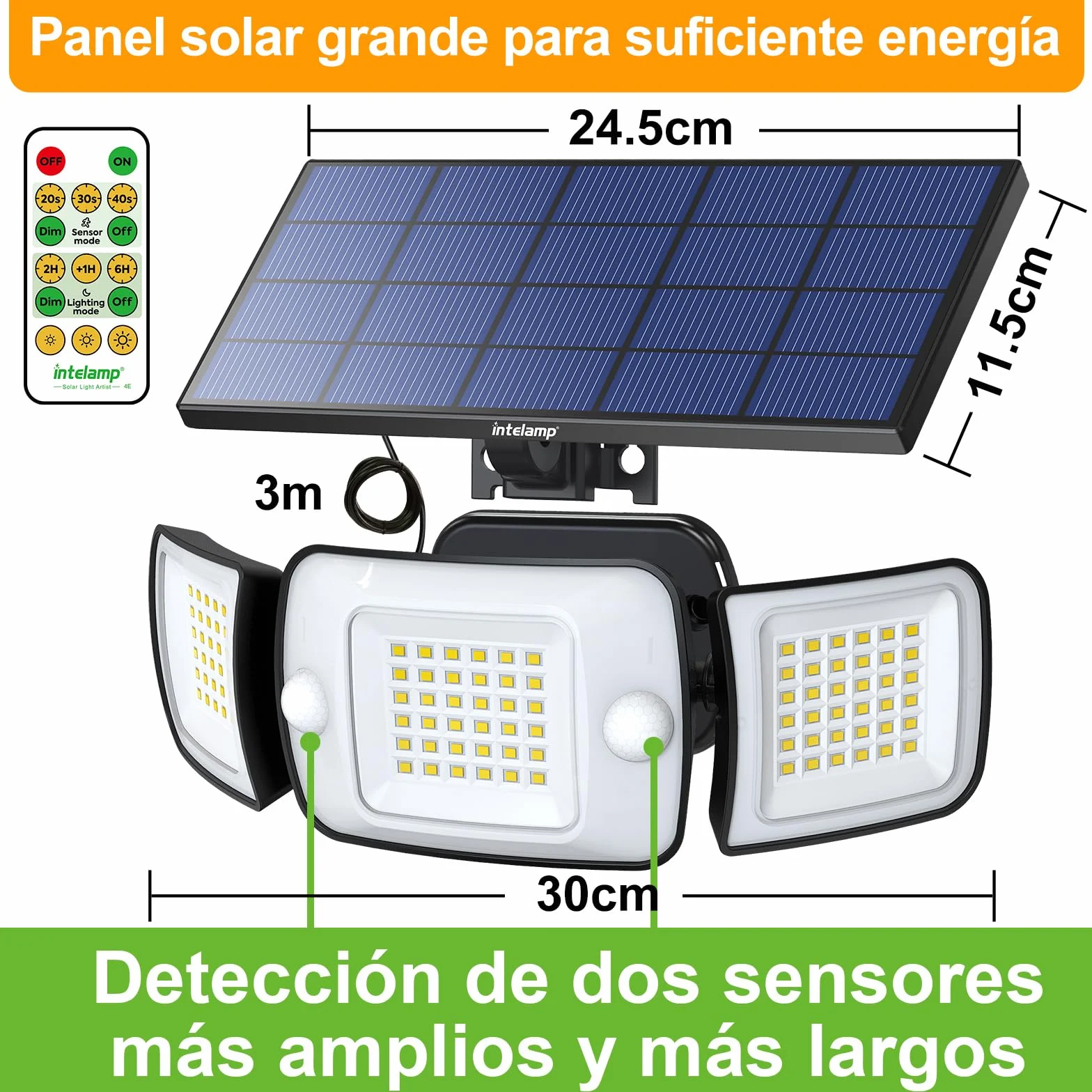 intelamp Focos Exterior Solares, 6000mAh Doble Sensor 270°Iluminación Sensor de Movimiento, 6500K, IP65 Luz Solar Exterior Jardin Lampara Solar con Mando a Distancia para Jardín, Garajes, 4 Modes