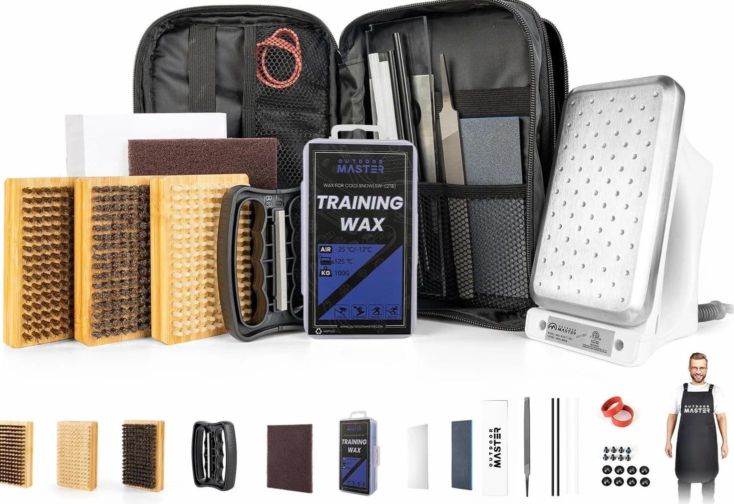 OutdoorMaster Kit de afinación y encerado para esquí y snowboard con plancha de cera, cera universal, afinador de bordes, cepillo, raspador de cera, Ptex, tornillo de fijación, banda de goma (negro)