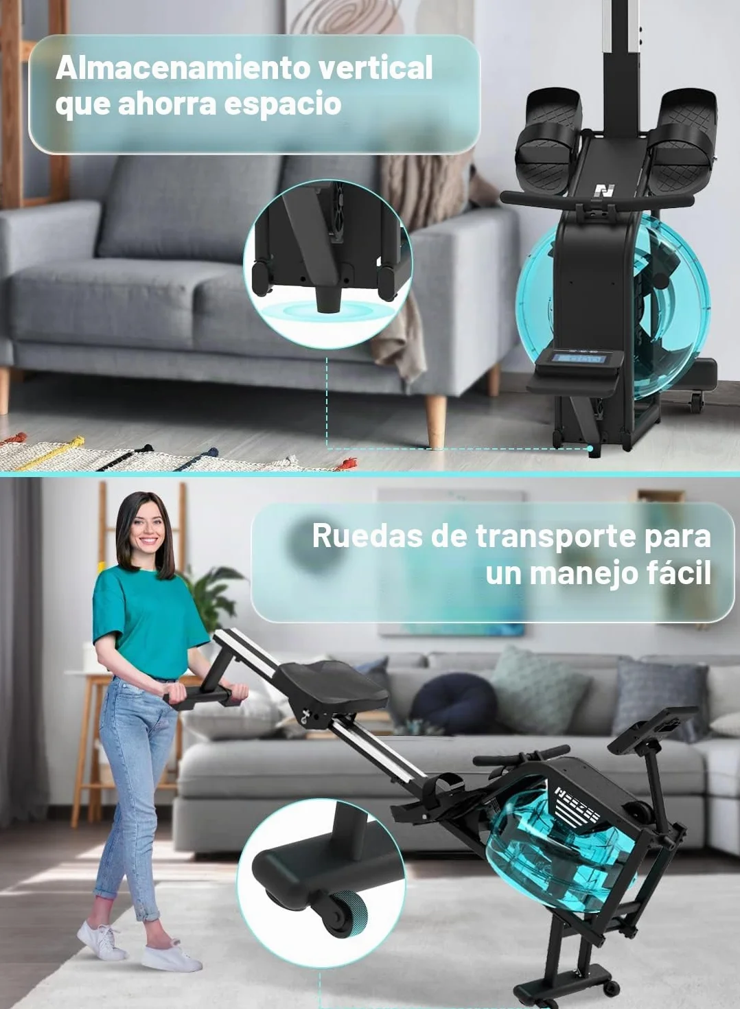 Neezee Máquina de Remo, máquina de Remo para Gimnasio en casa con riel de Aluminio, máquina de Remo de Agua con Soporte para Tableta, Resistencia al Agua y Pantalla LCD