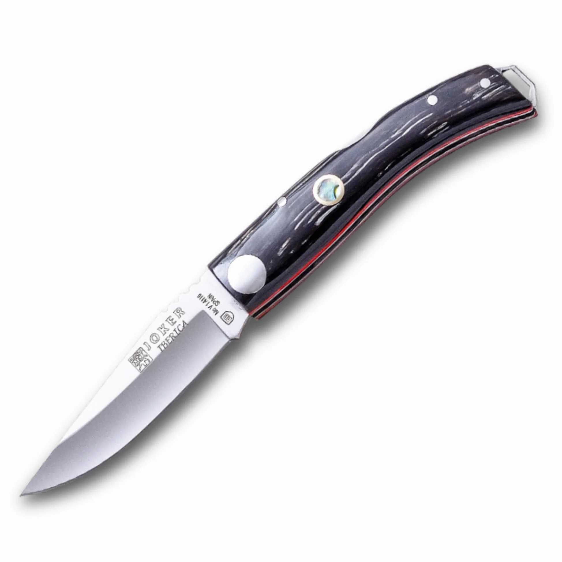 Joker Navaja deportiva Ibérica NF138, hoja de 7,5 cm MOVA, mango de asta de búfalo, con bloqueo, incluye estuche, herramienta de pesca, caza, camping y senderismo