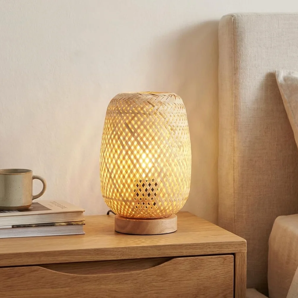 Lámpara de Mesa Mimbre Madera Ruka Barcelona LED E27 Estilo Rústico Boho Natural
