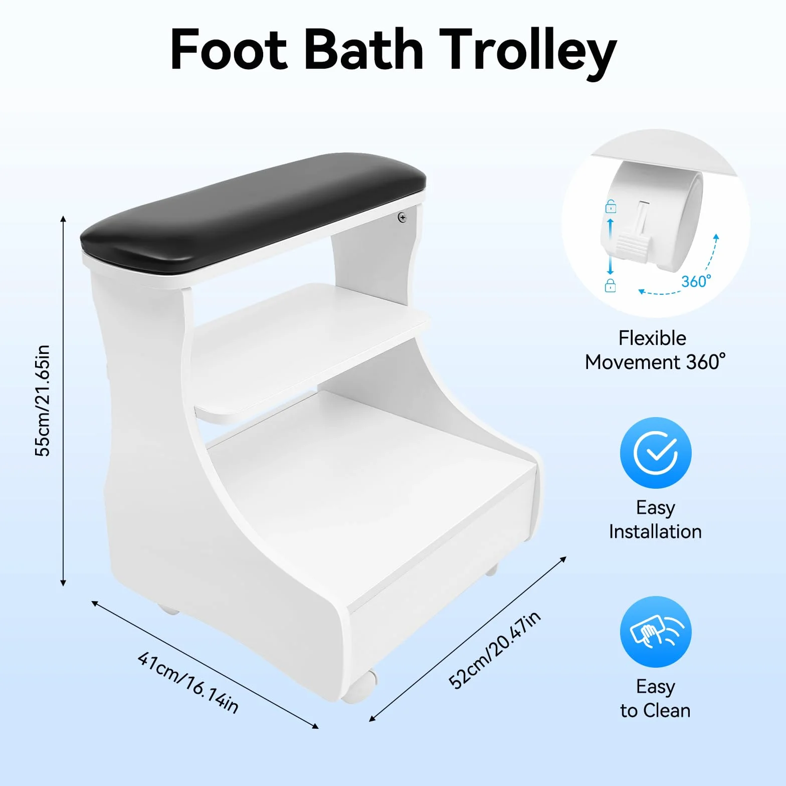 Taburete Pedicuro con Reposapiés, Mueble Rodante para Cuidado de los Pies, Bandeja y Almacenamiento, Negro